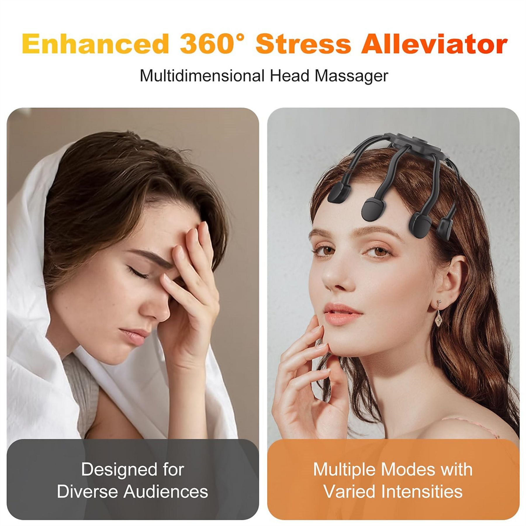 Frau mit Kopfschmerz, Frau mit Massagegerät. 360° Stress-Linderer.