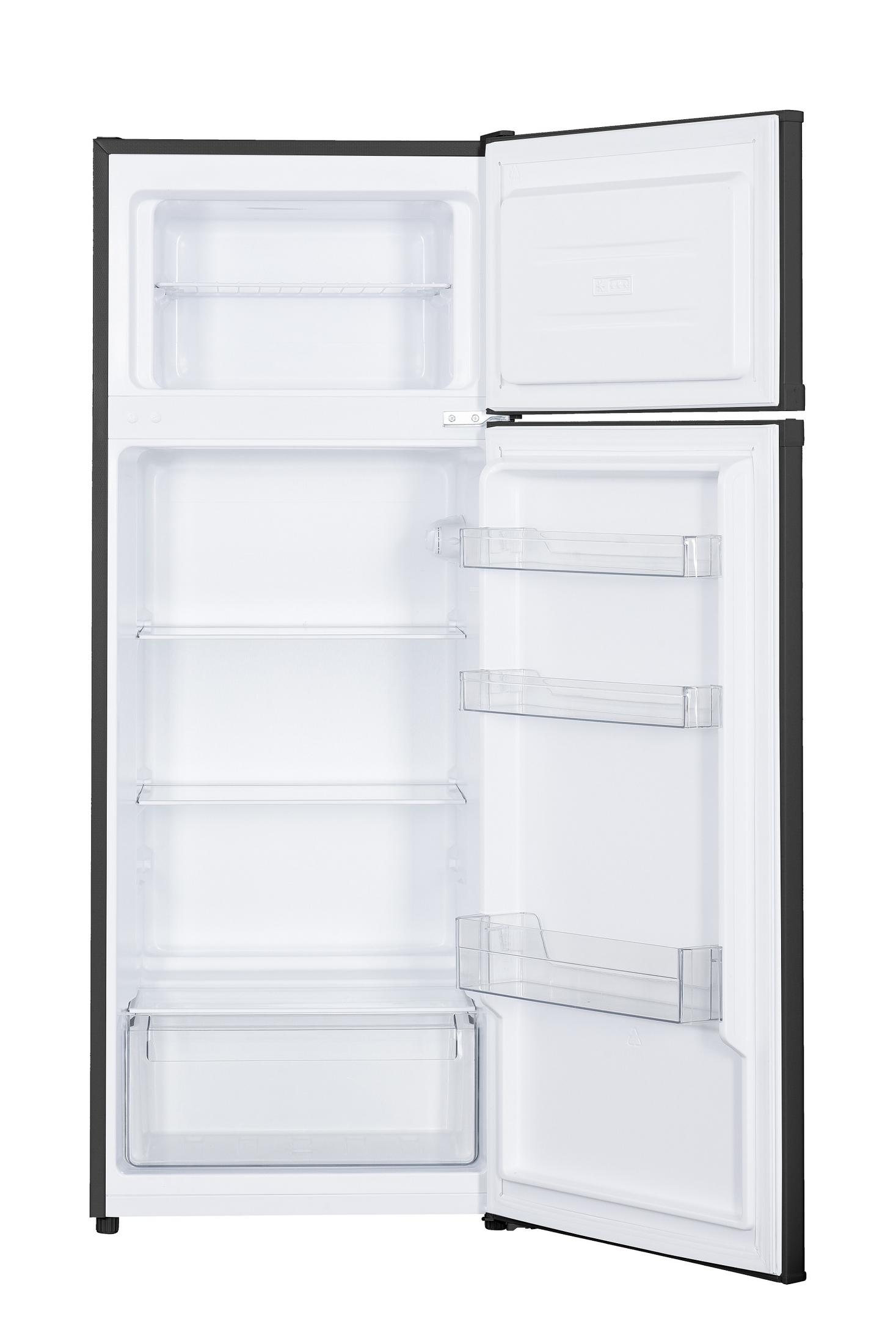 Offener schwarzer Kühlschrank mit Regalen und Schubladen.