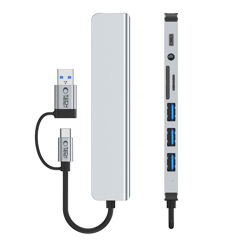Hub USB-C argento con cavi USB-A e USB-C, slot per scheda SD.