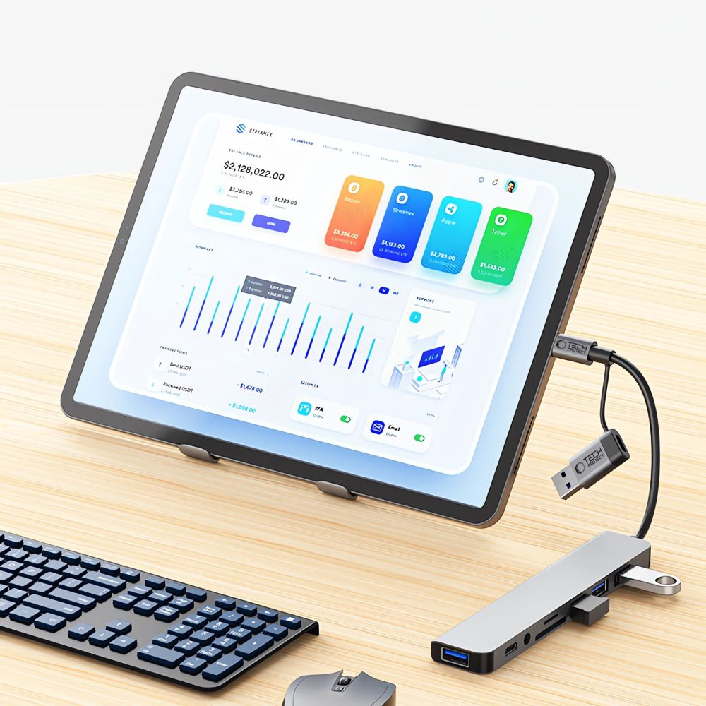 Un tablet con dati finanziari, tastiera, mouse e hub USB su una scrivania di legno.