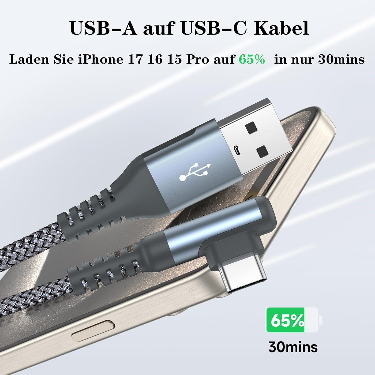 Un cable USB-A a USB-C carga un iPhone al 65% en 30 minutos.