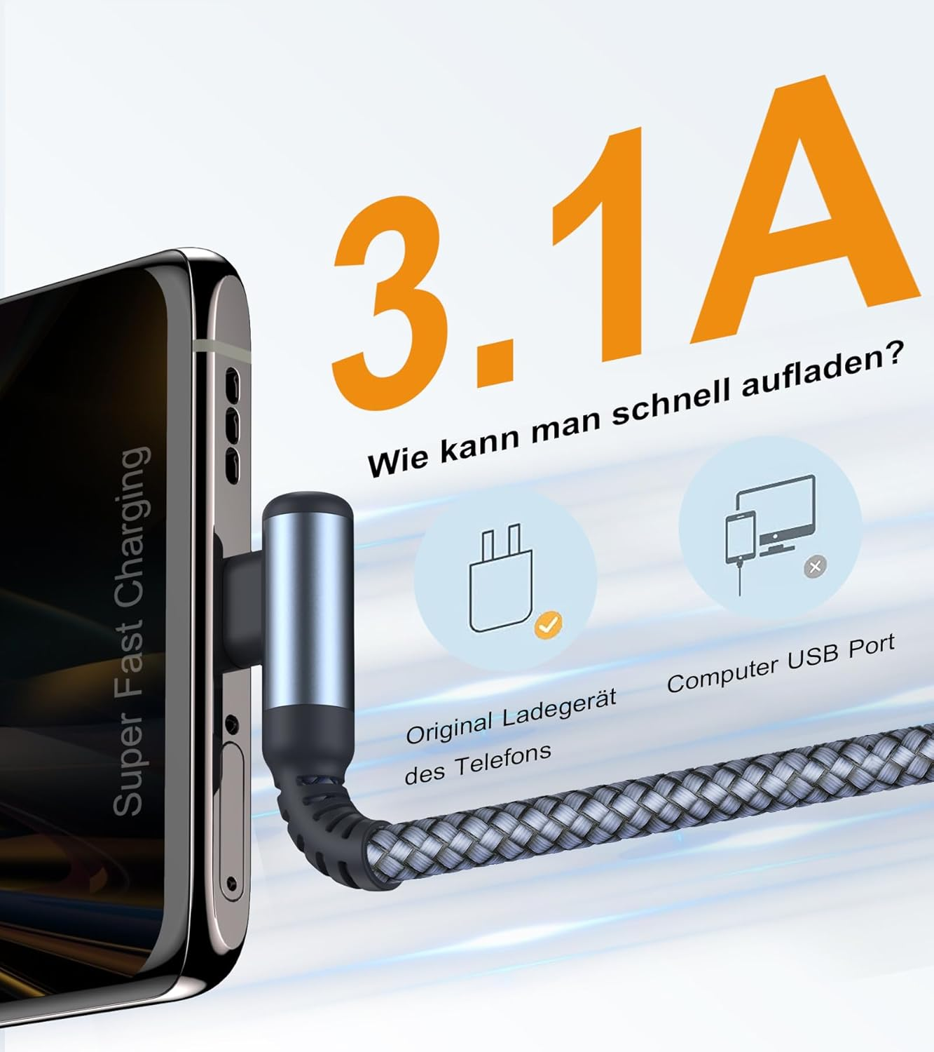 Un smartphone se carga con un cable de carga de 3.1A.