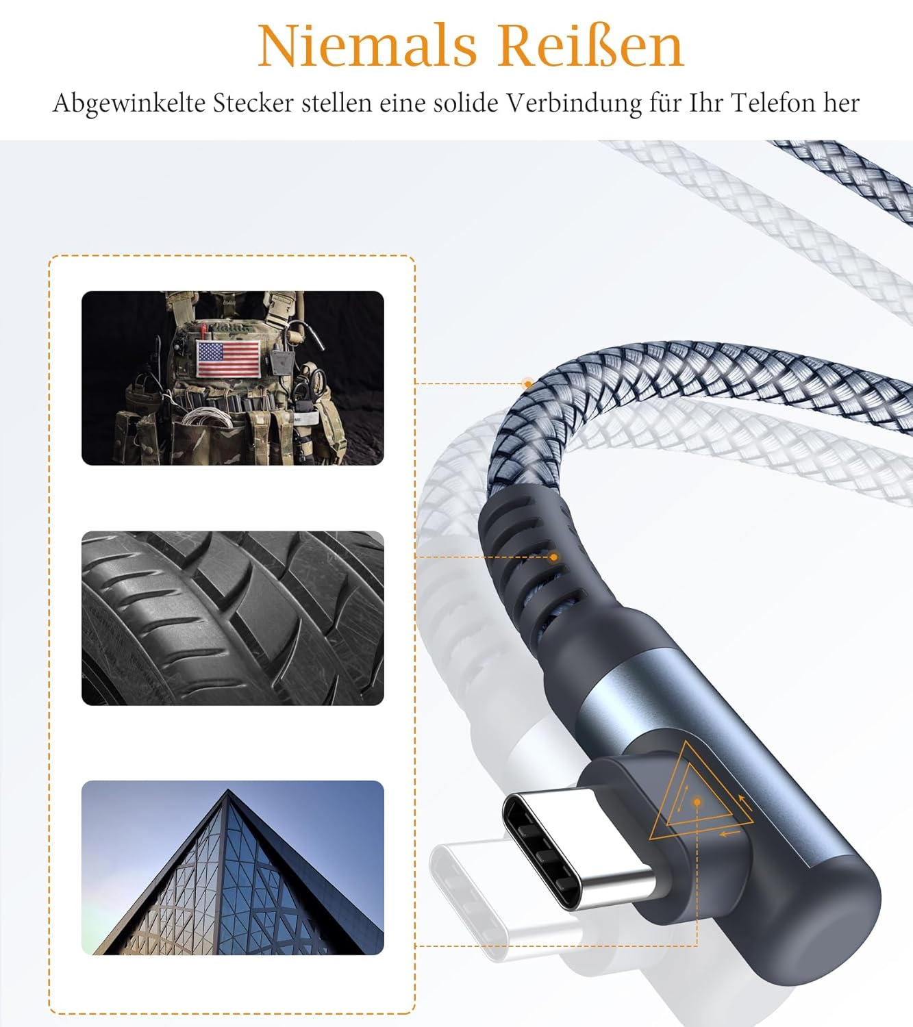 Un cable USB-C con tres imágenes: chaleco militar, banda de rodadura, pirámide de cristal.