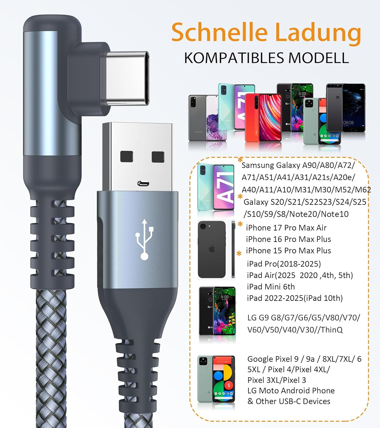 Cable de carga USB-C con conector en ángulo y lista de dispositivos.