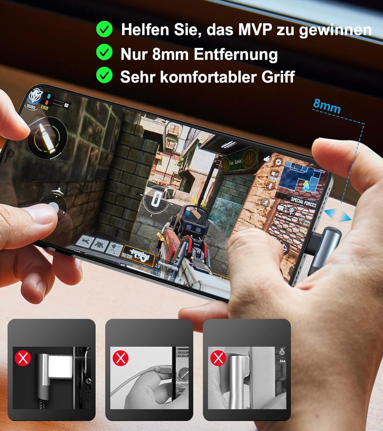 Smartphone con controlador para juegos, mostrando tres imágenes pequeñas abajo.