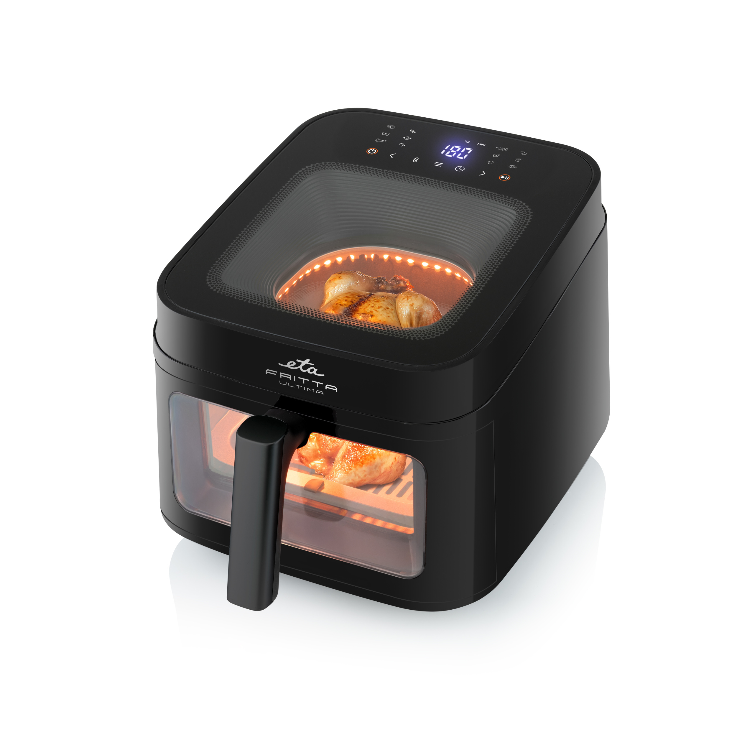 Un cestello per friggitrice ad aria nero con pollo all'interno, illuminato.