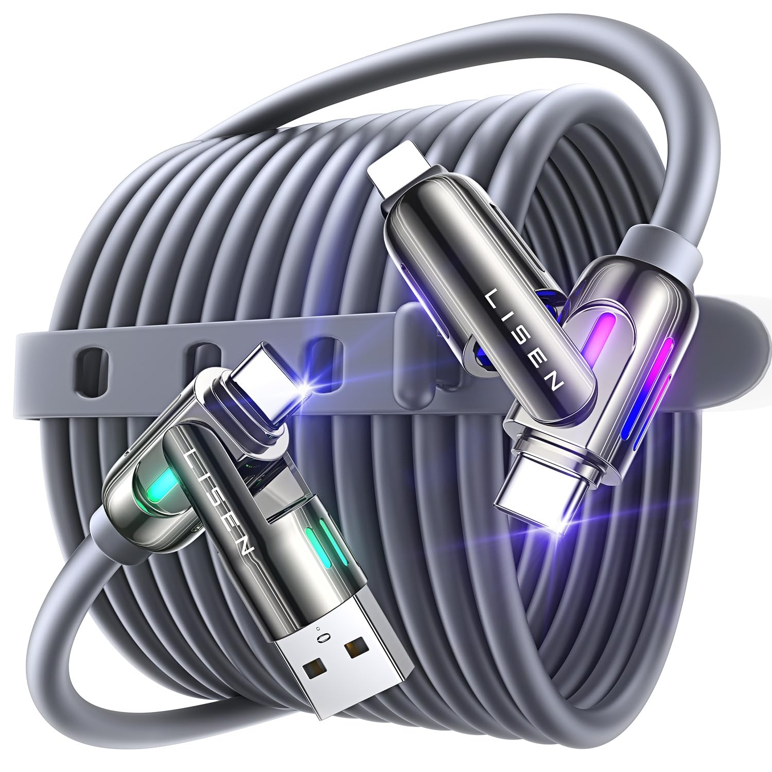 Szary kabel do ładowania ze złączami USB, USB-C i Lightning, zwinięty.