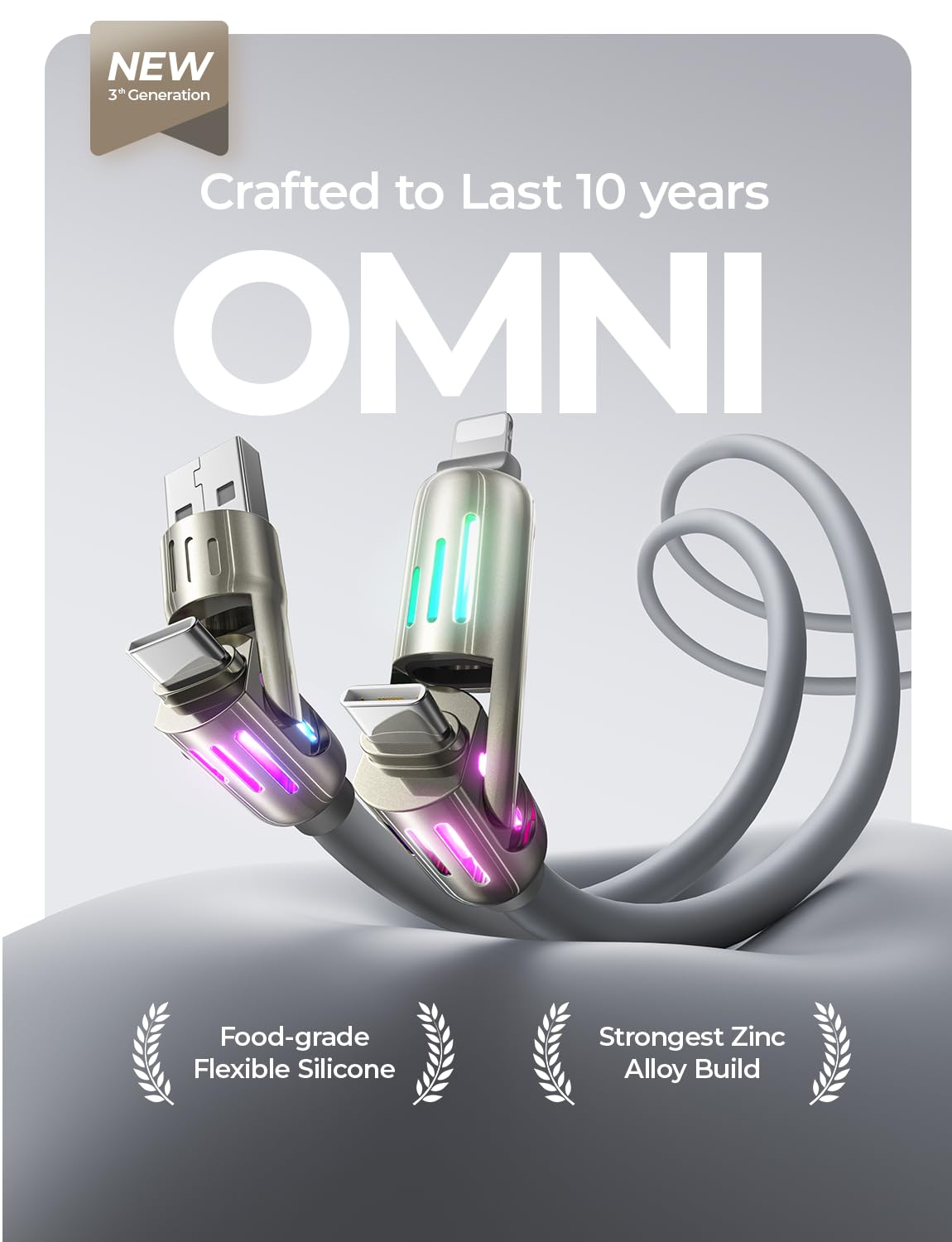 Kabel USB-C i Lightning z podświetlanymi akcentami, logo "OMNI" i tekstem.