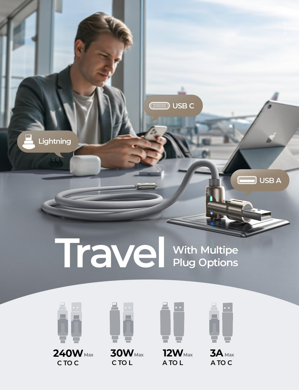 Mężczyzna w garniturze na lotnisku z kablami do ładowania i wieloma opcjami wtyczek.