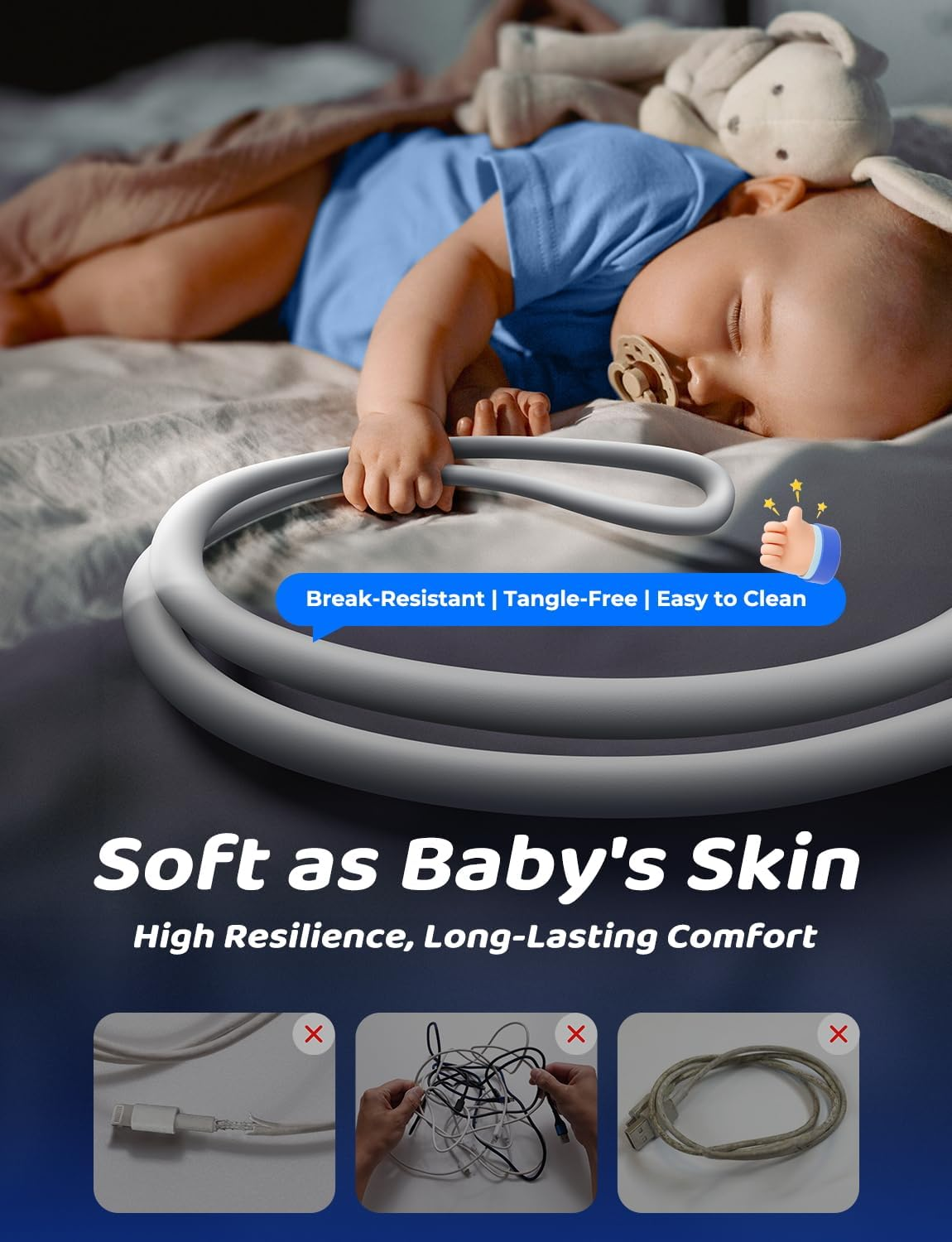 Niemowlę śpi na łóżku z kablem obok. Tekst promuje cechy kabla.