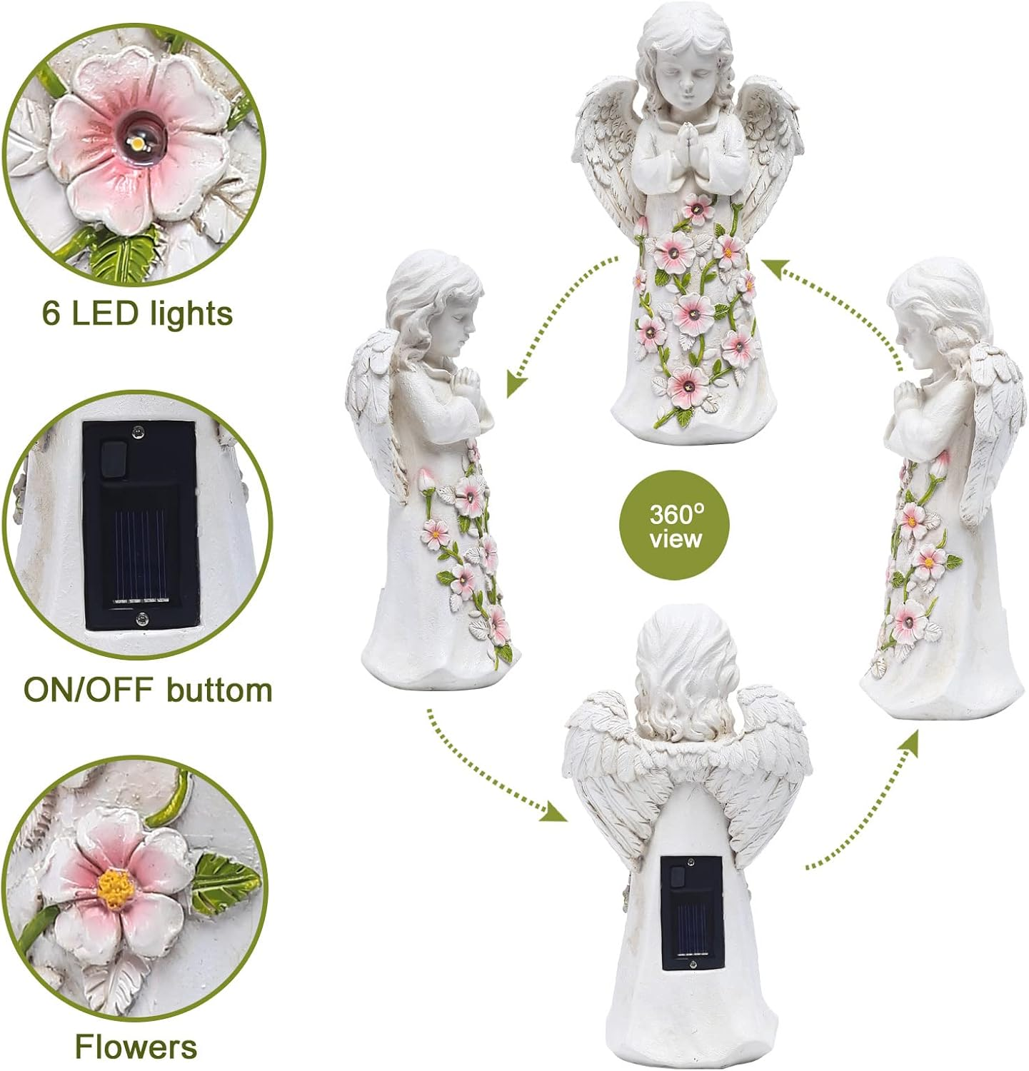 Weiße Engelsfigur mit Gebetshänden, verziert mit rosa Blumen. Solarpanel auf der Rückseite.