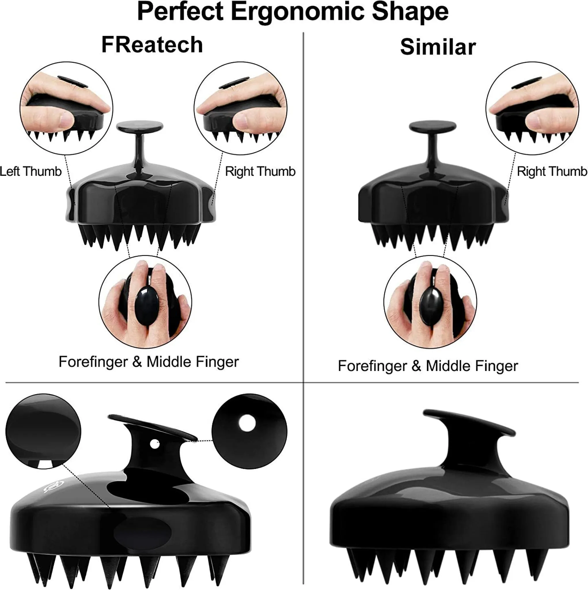 Schwarzer Haarmassagekamm mit ergonomischem Griff im Vergleich.