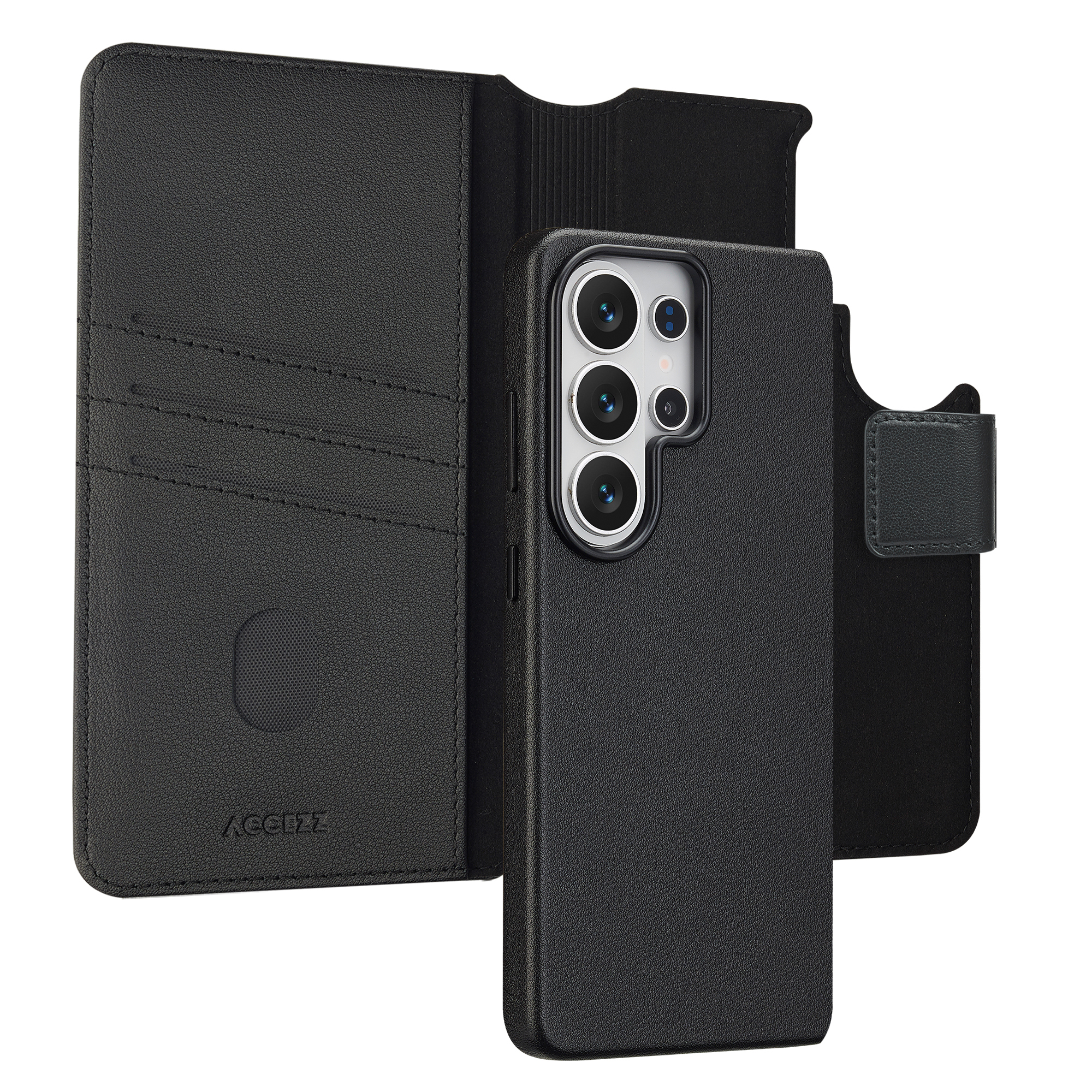 Zwarte leren flipcase voor smartphone met meerdere cameralenzen.