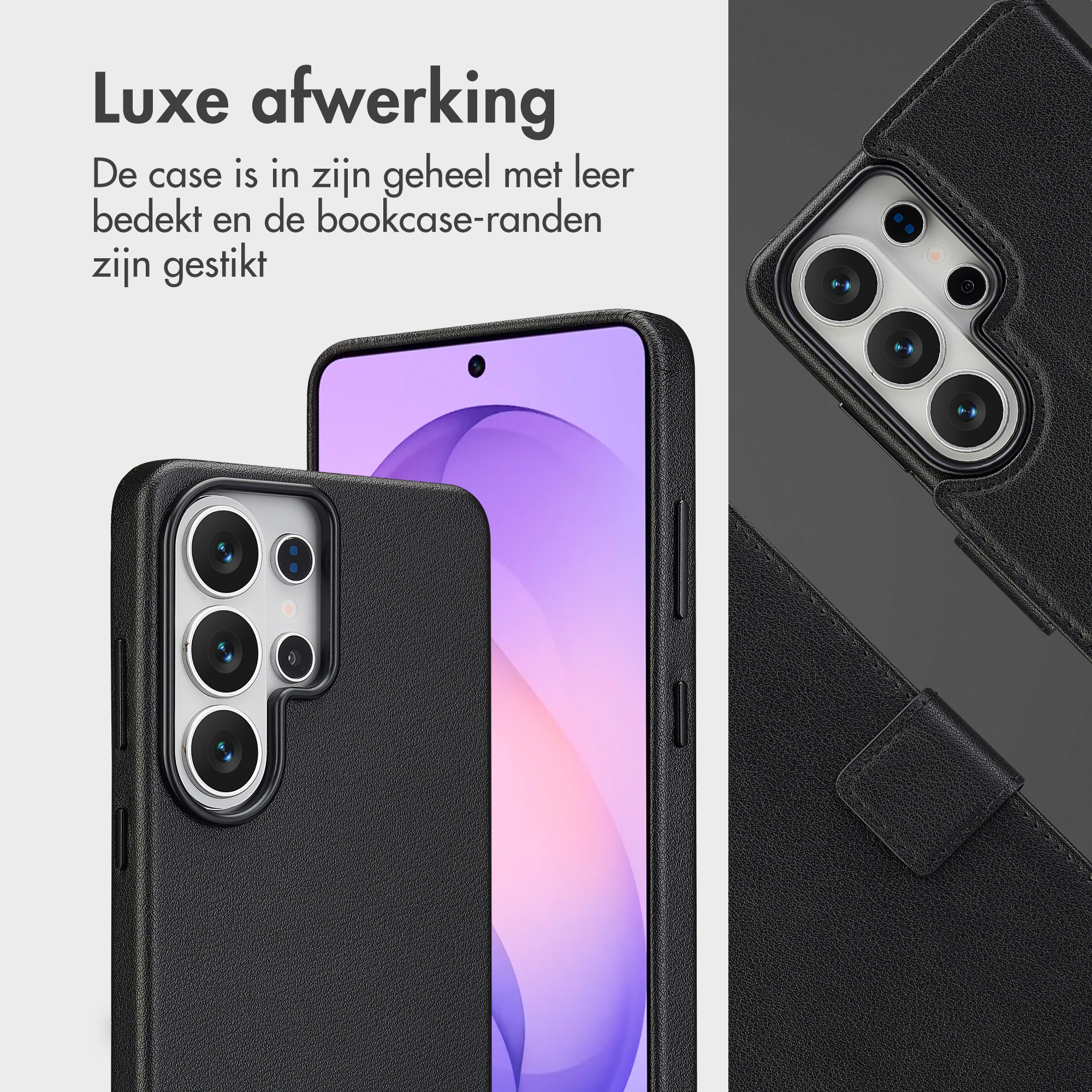 Zwarte leren telefoonhoes met camerauitsparing en paars scherm.