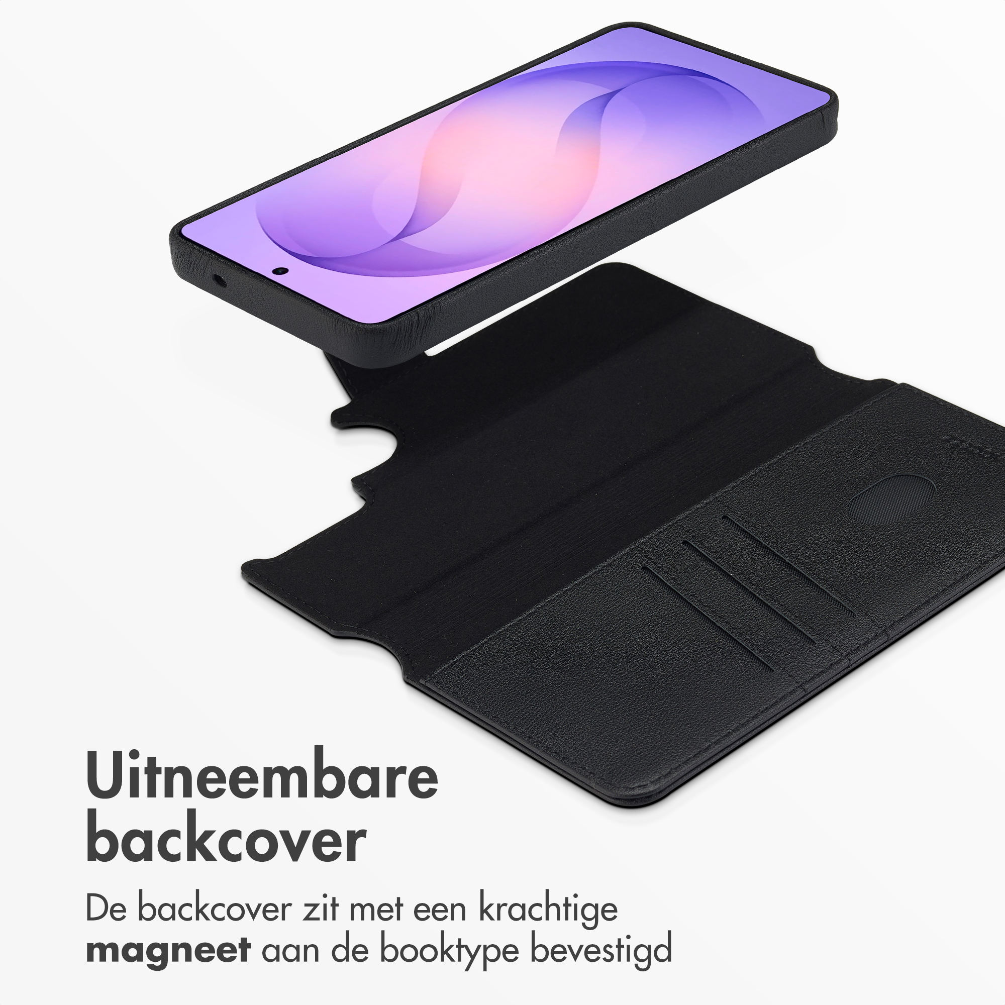 Zwarte smartphone met afneembare backcover en open boekhoes.