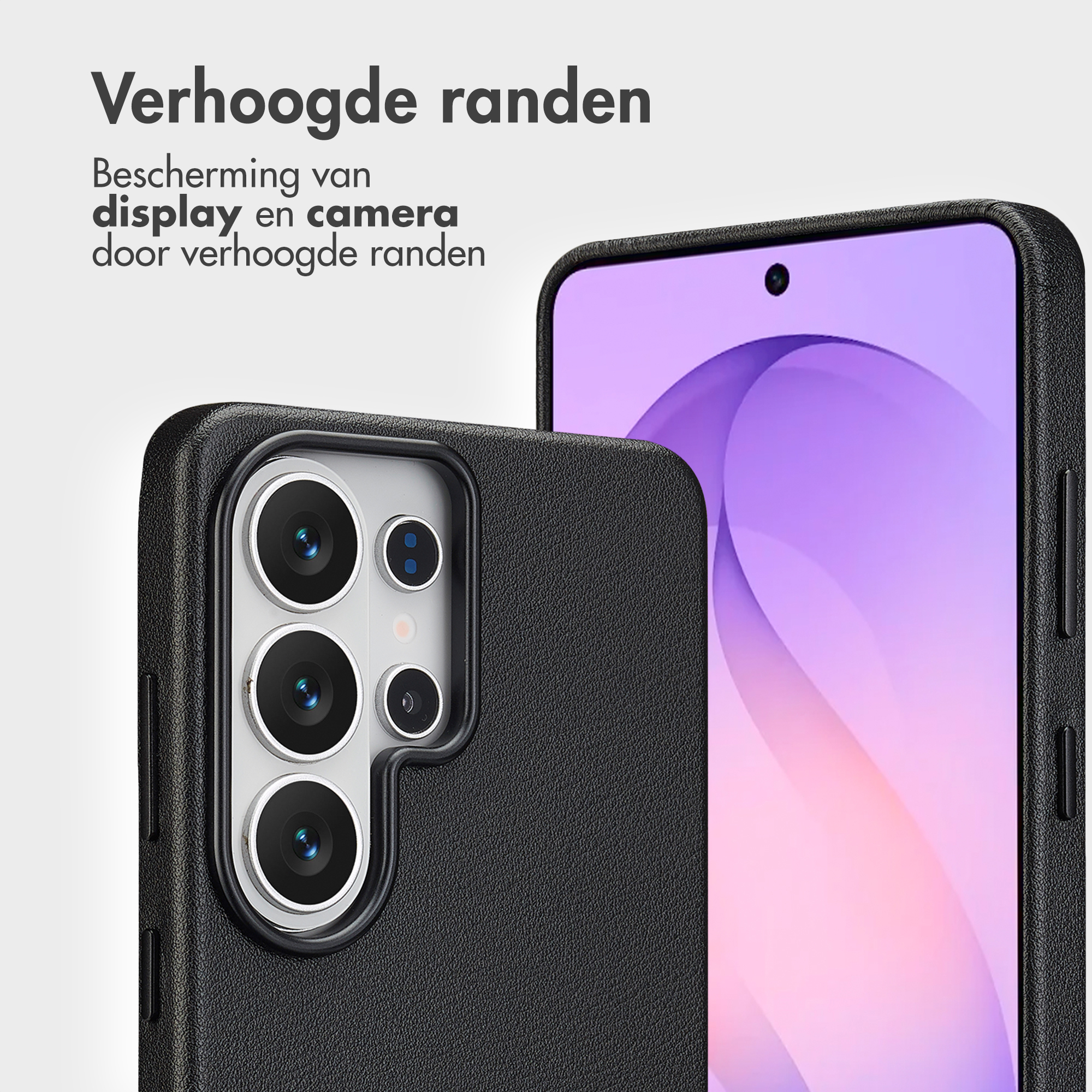 Zwarte telefoonhoes met verhoogde randen toont cameramodule en paars scherm.
