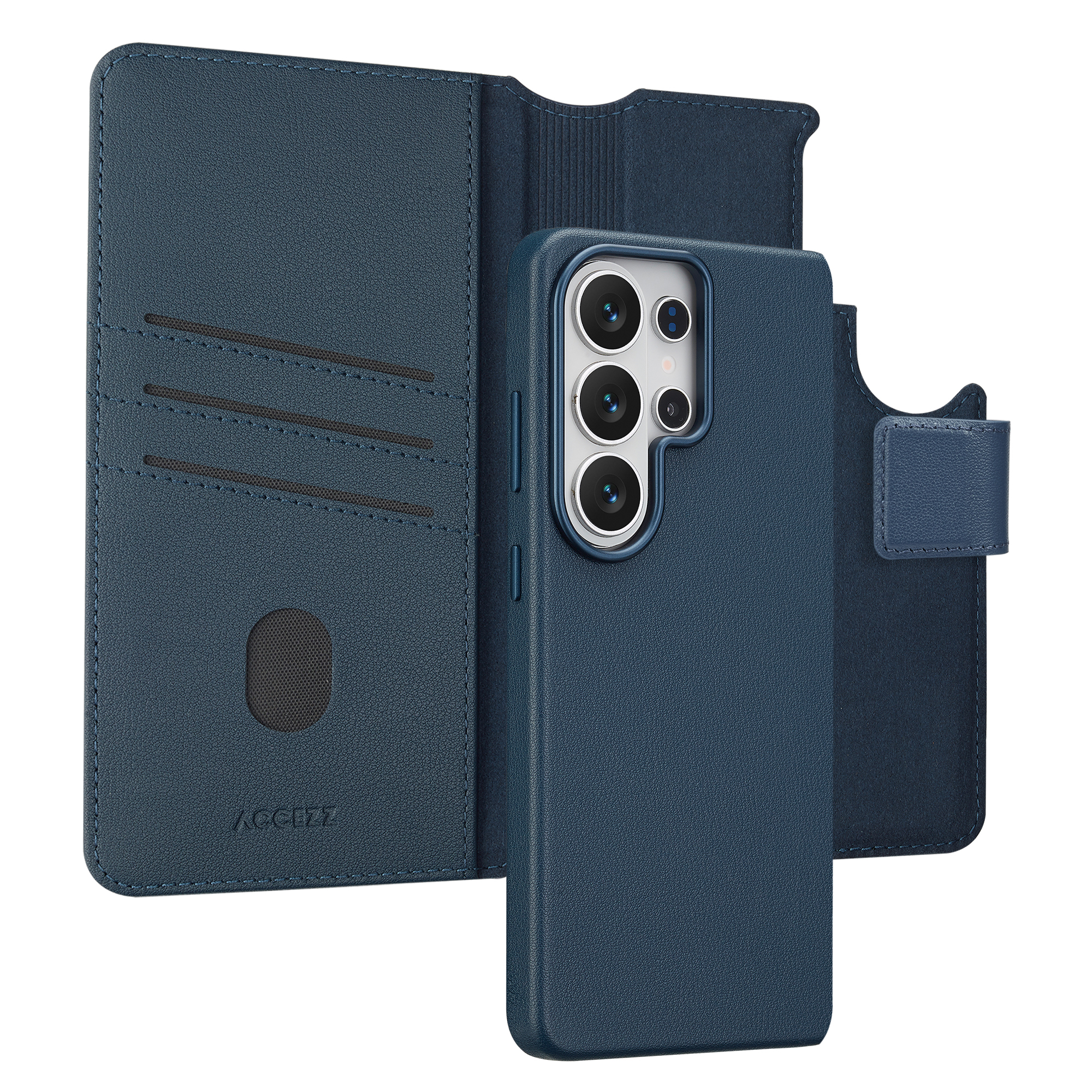 Étui de téléphone bleu foncé avec fentes pour cartes et fermeture magnétique.