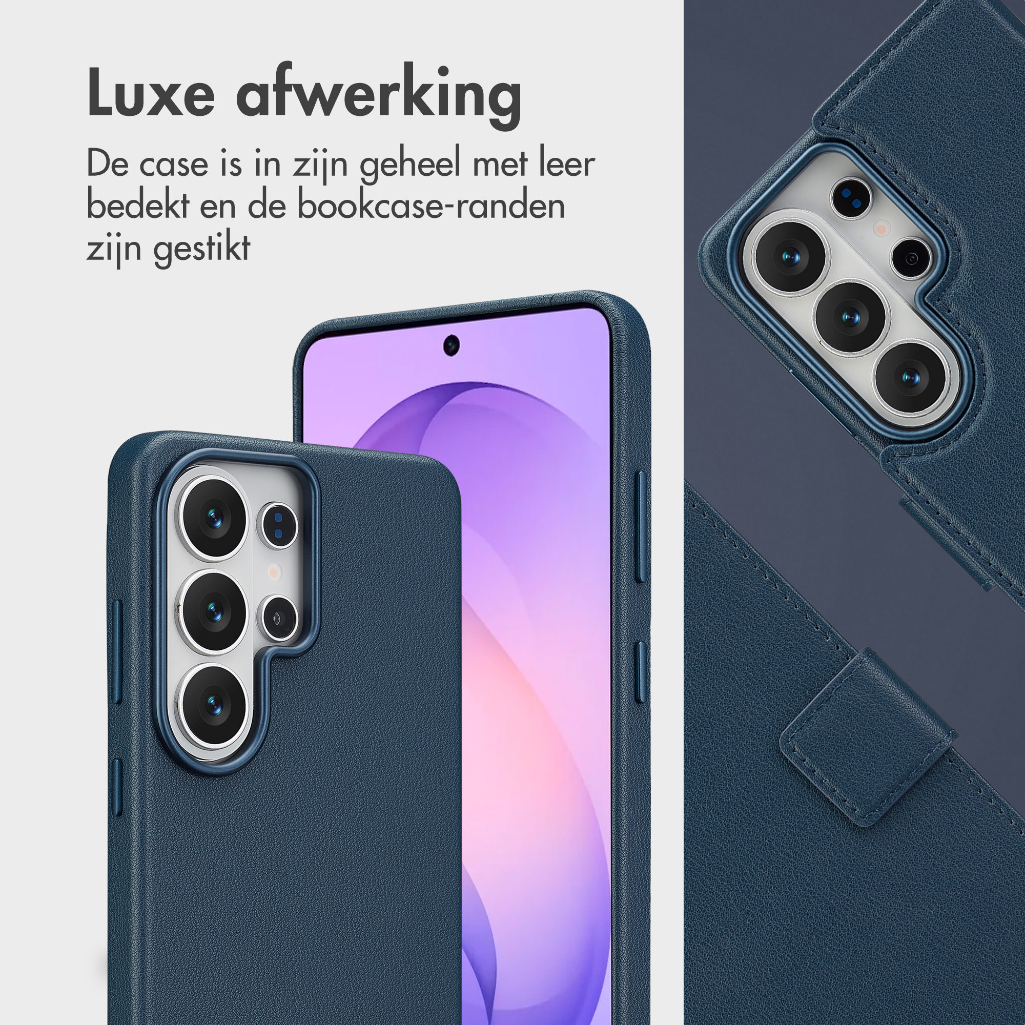 Une coque de téléphone en cuir bleu avec découpe caméra et un téléphone.