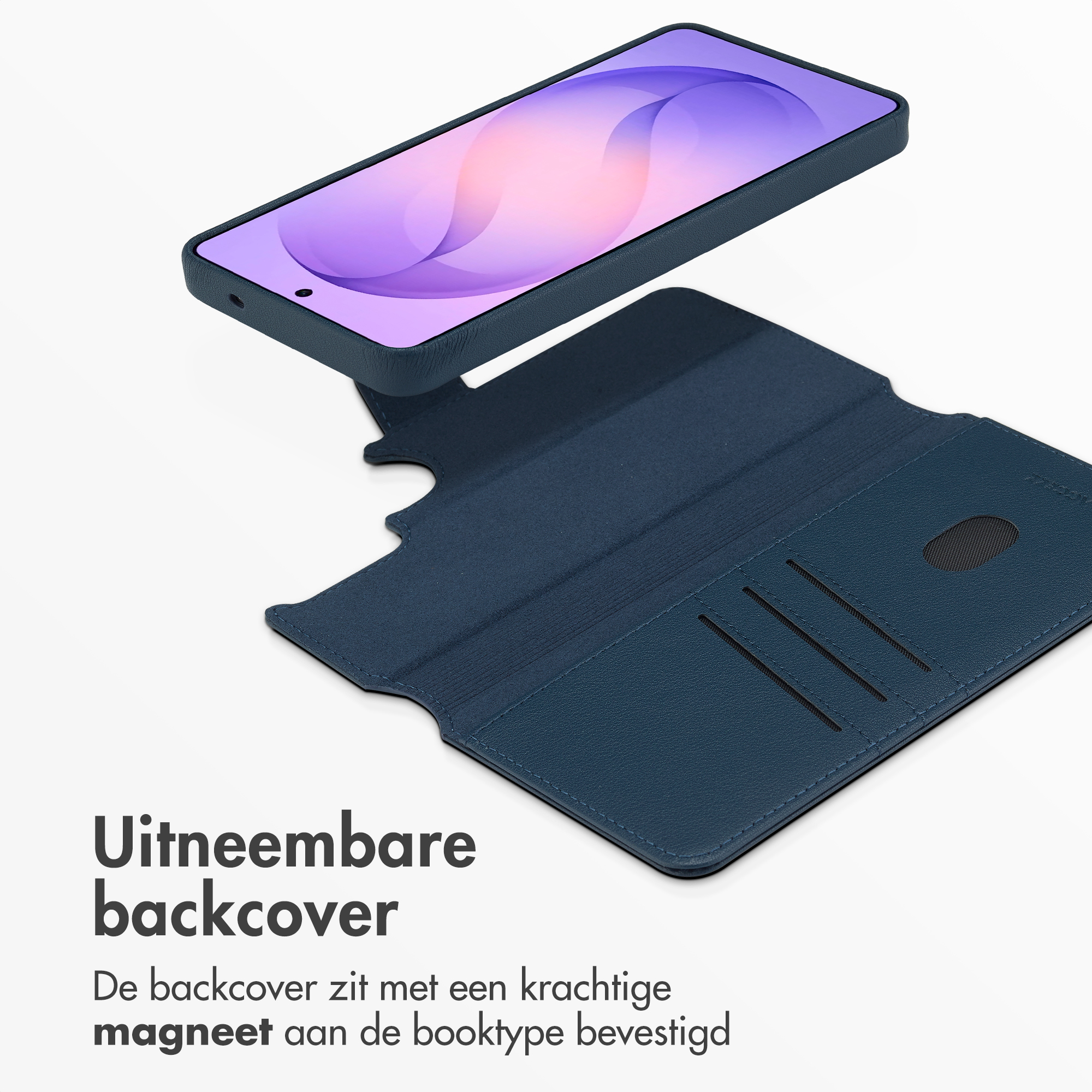 Un téléphone bleu avec étui détachable et fentes pour cartes.