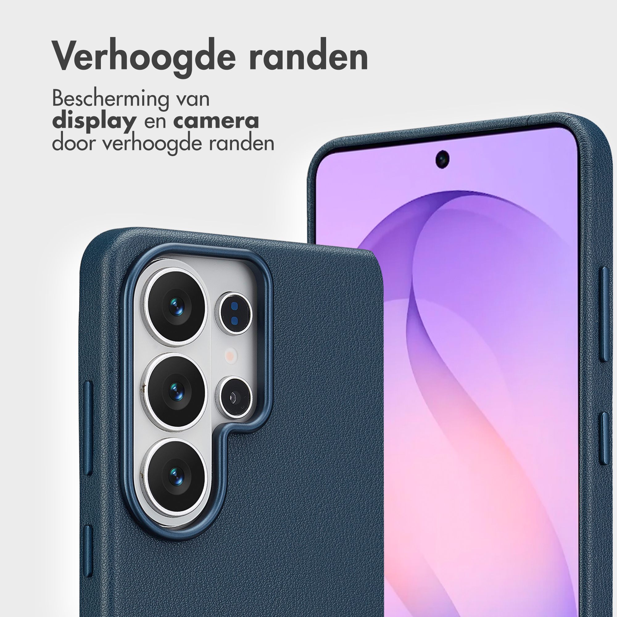 Coque de téléphone bleu foncé à bords surélevés protégeant caméra et écran.