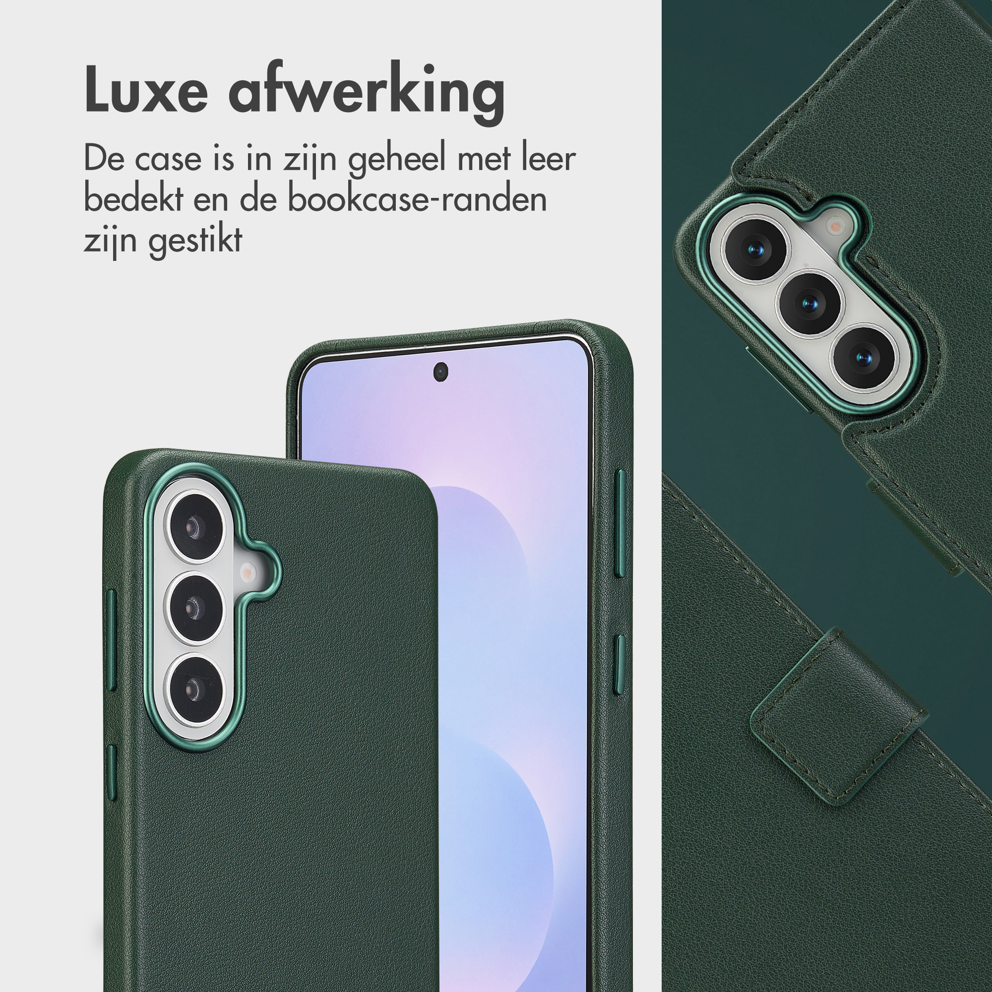 Green leather case with camera cutout and stitching for a smartphone.