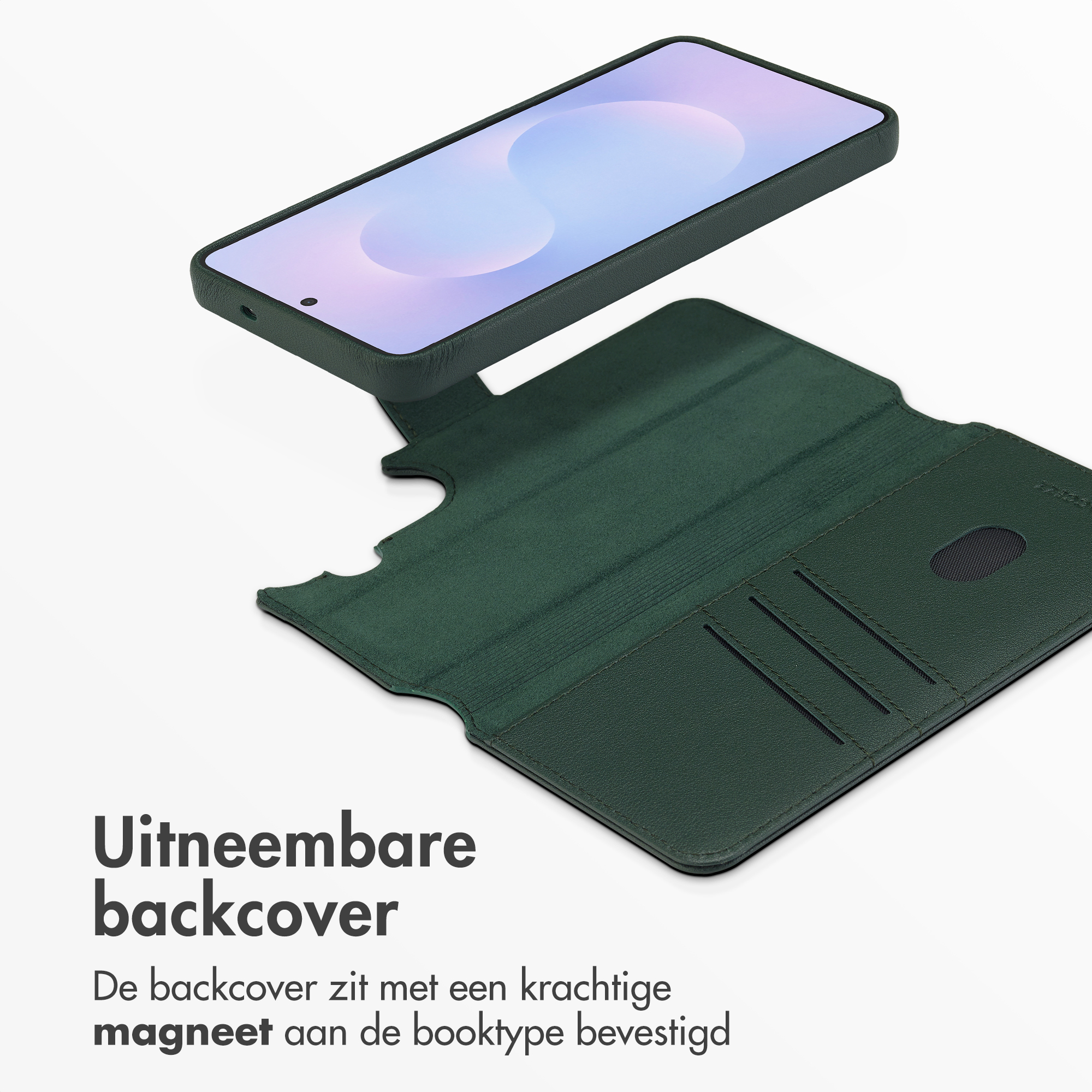 A dark green phone with a detachable back cover lies open next to the case.