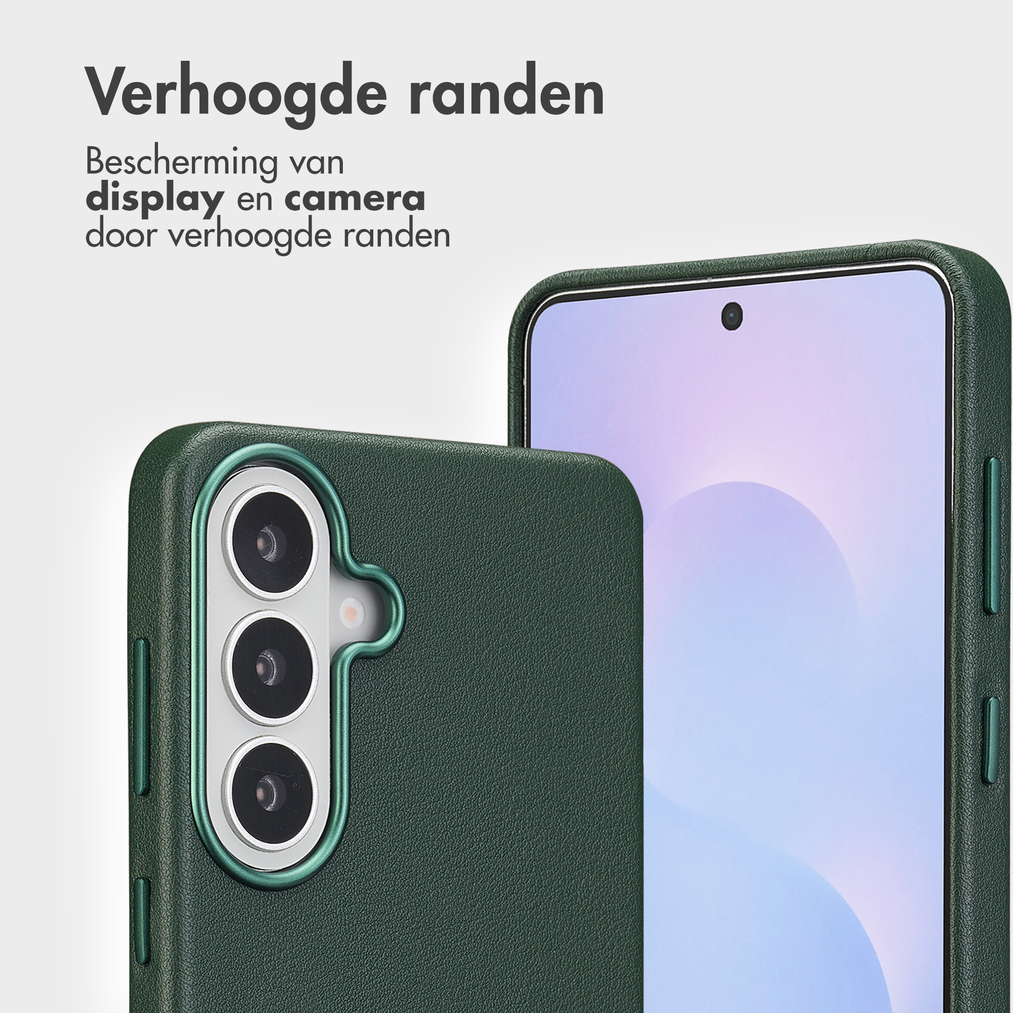 Dark green phone case with camera bump and bright screen.