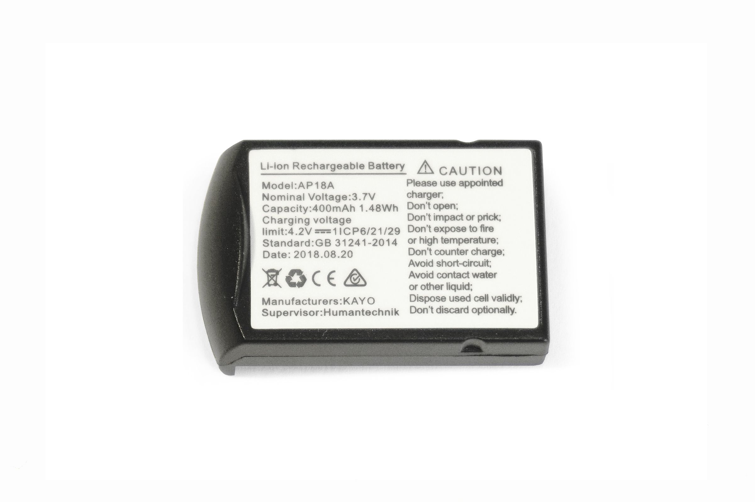 Ein schwarzer Li-Ion-Akku mit Beschriftung: Modell AP18A, 3,7V, 400mAh.