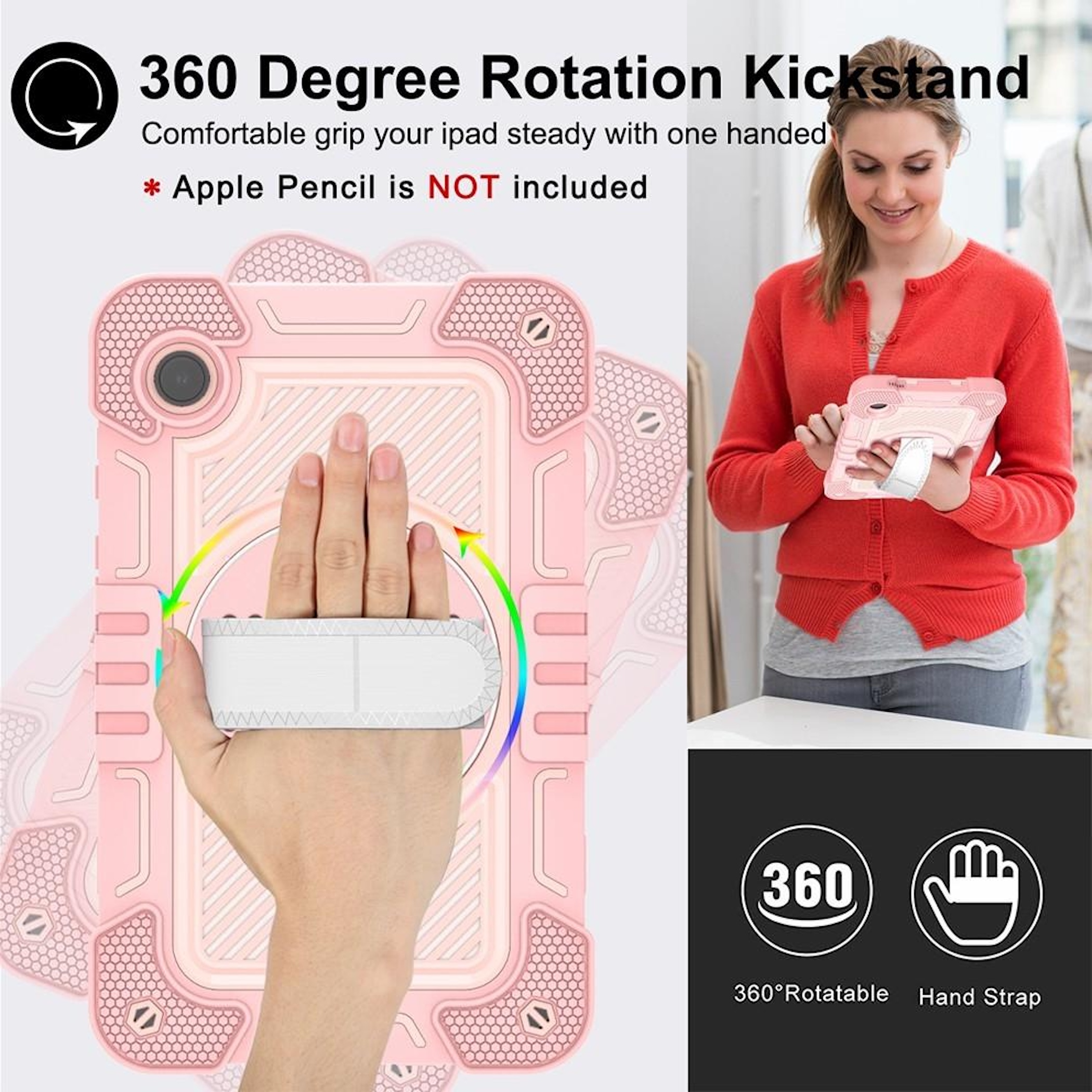 Rosa Tablet-Hülle mit 360-Grad-Drehung und Handschlaufe.