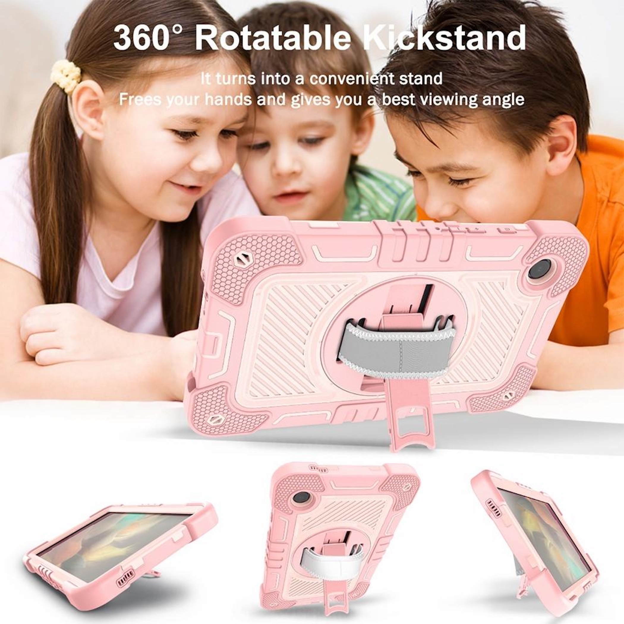 Kinder schauen auf ein rosa Tablet mit drehbarem Ständer.