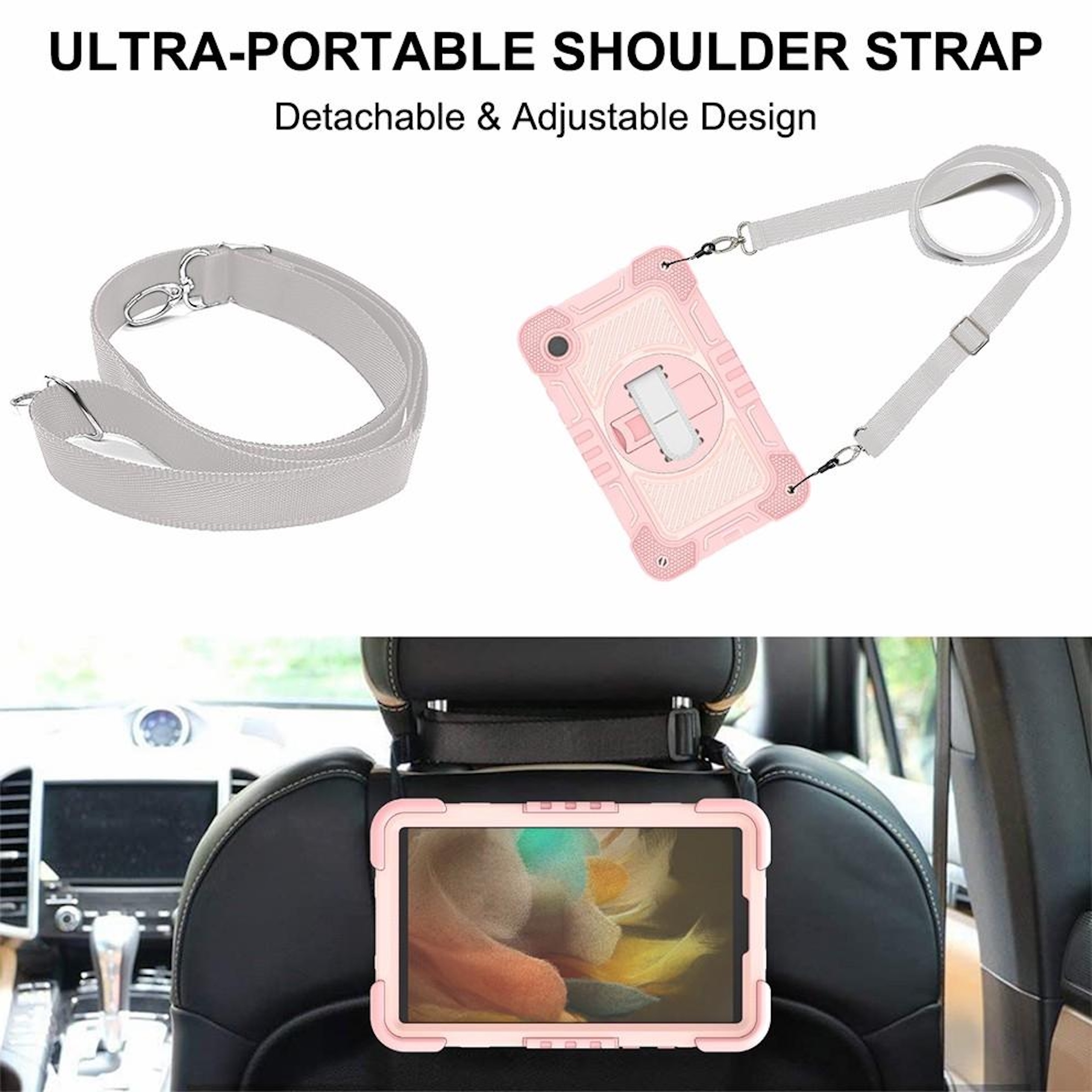 Tragbarer Gurt und rosafarbene Tablet-Hülle, die an einem Autositz befestigt ist.