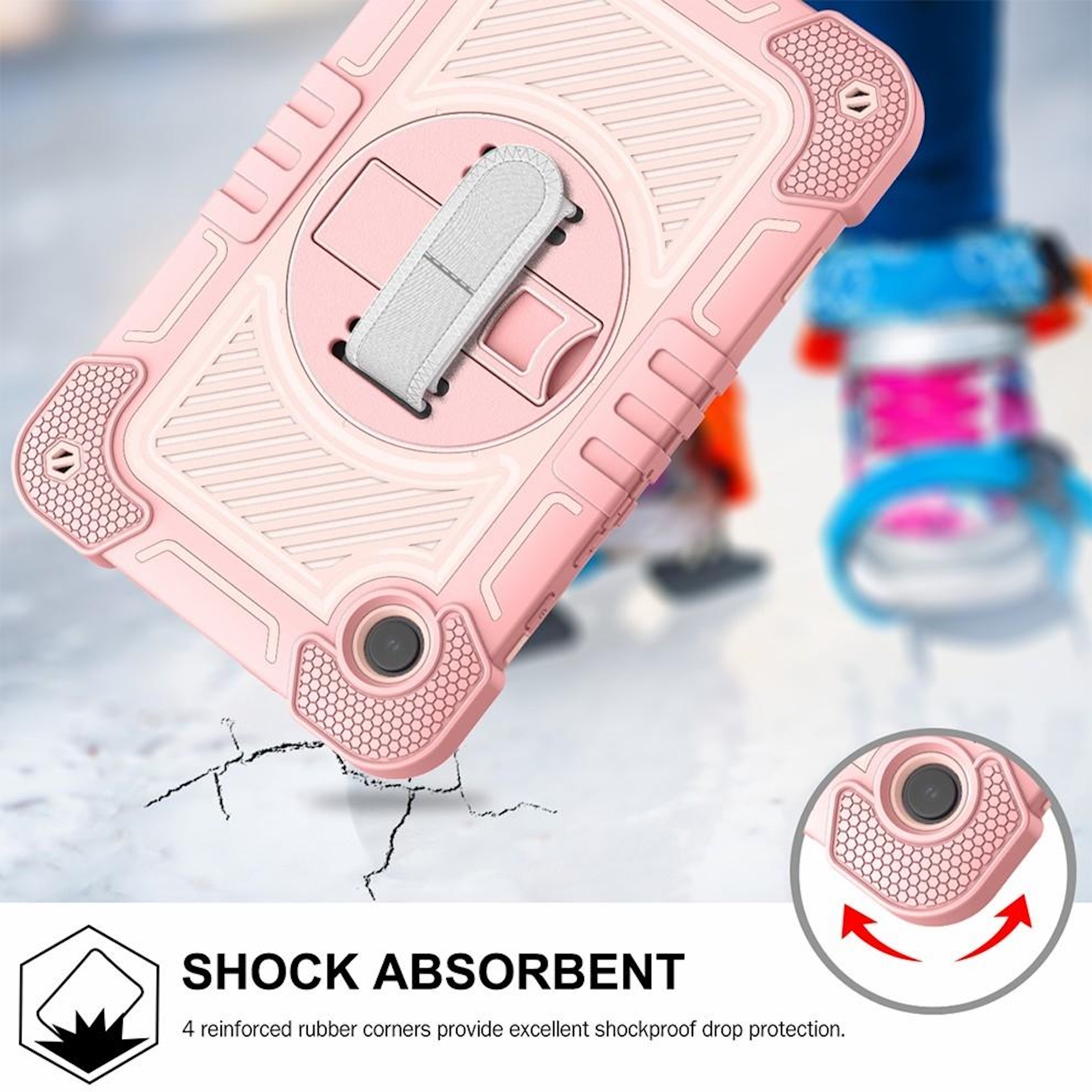 Ein rosafarbener Tablet-Schutz mit Ständer und verstärkten Ecken.