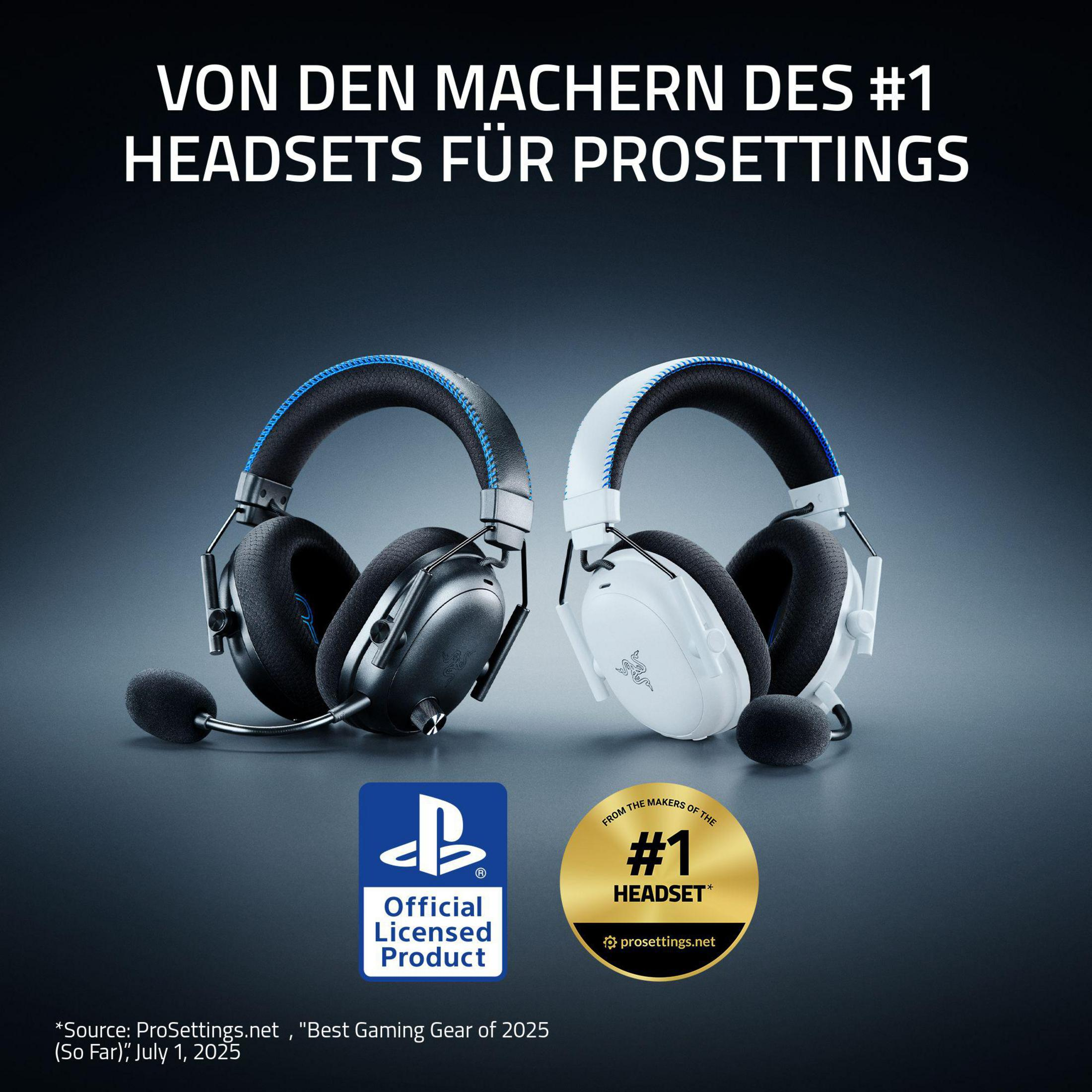 Dwa zestawy słuchawkowe do gier: czarny i biały. Logo PlayStation i Prosettings.