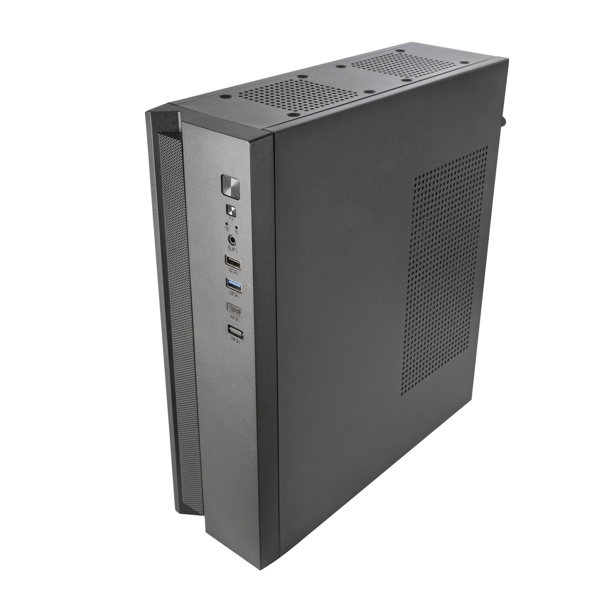 Una caja de ordenador negra con puertos frontales y ranuras de ventilación.