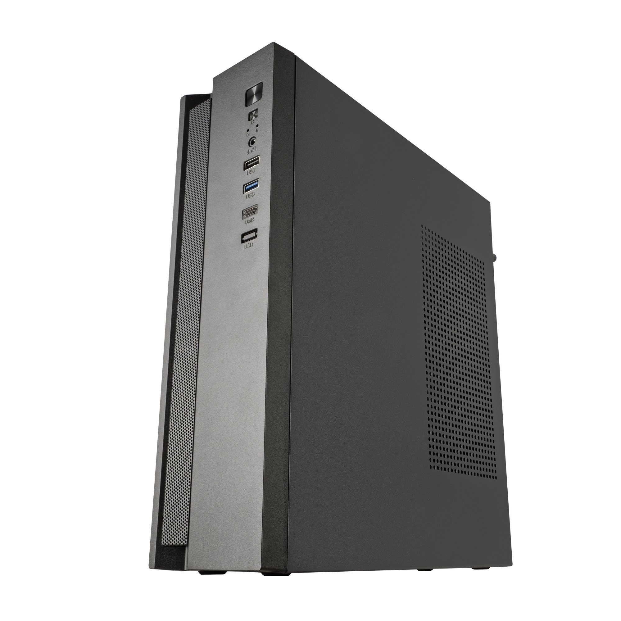 Una caja de ordenador negra con puertos USB y rejillas de ventilación.