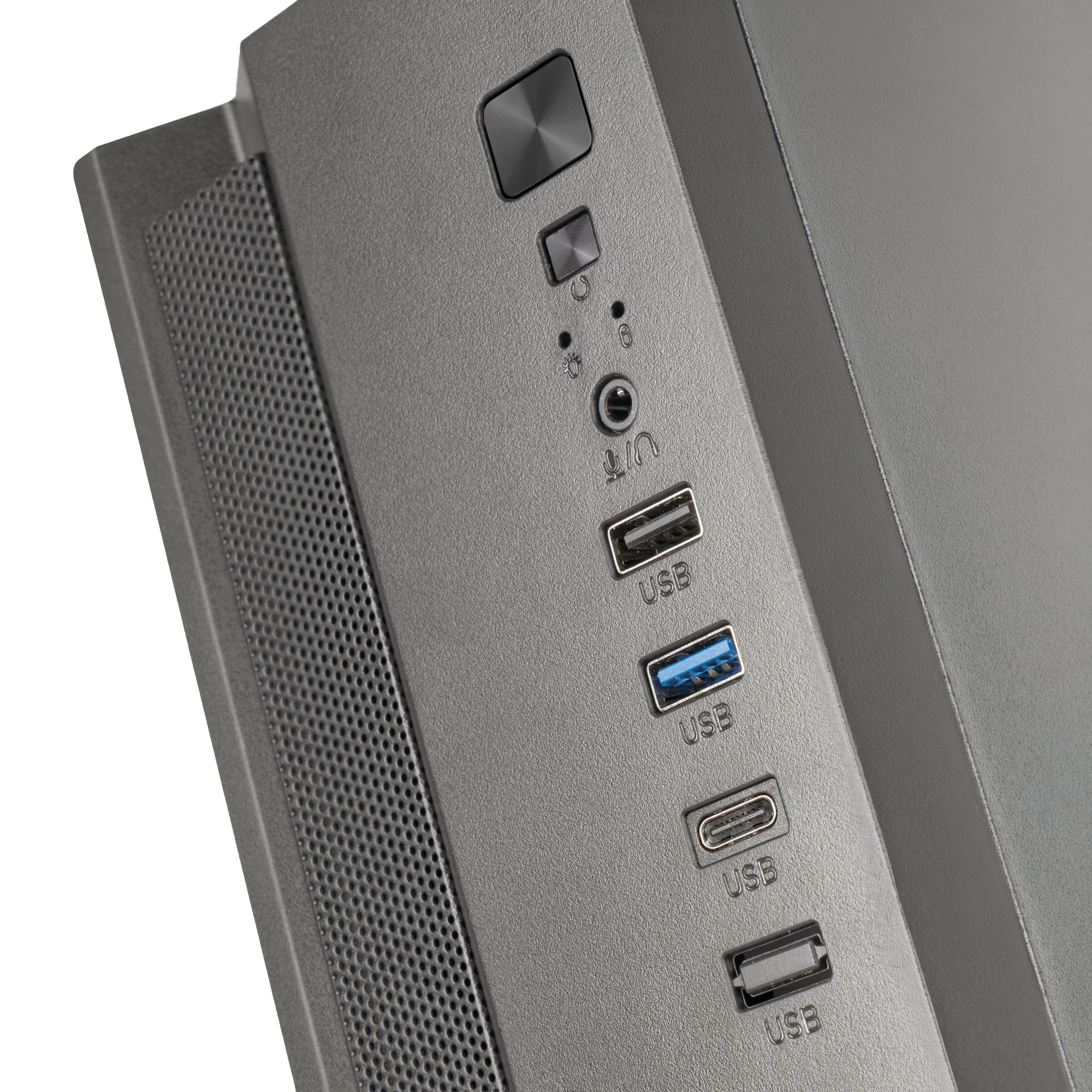 Vista frontal de una caja de computadora negra con puertos USB.