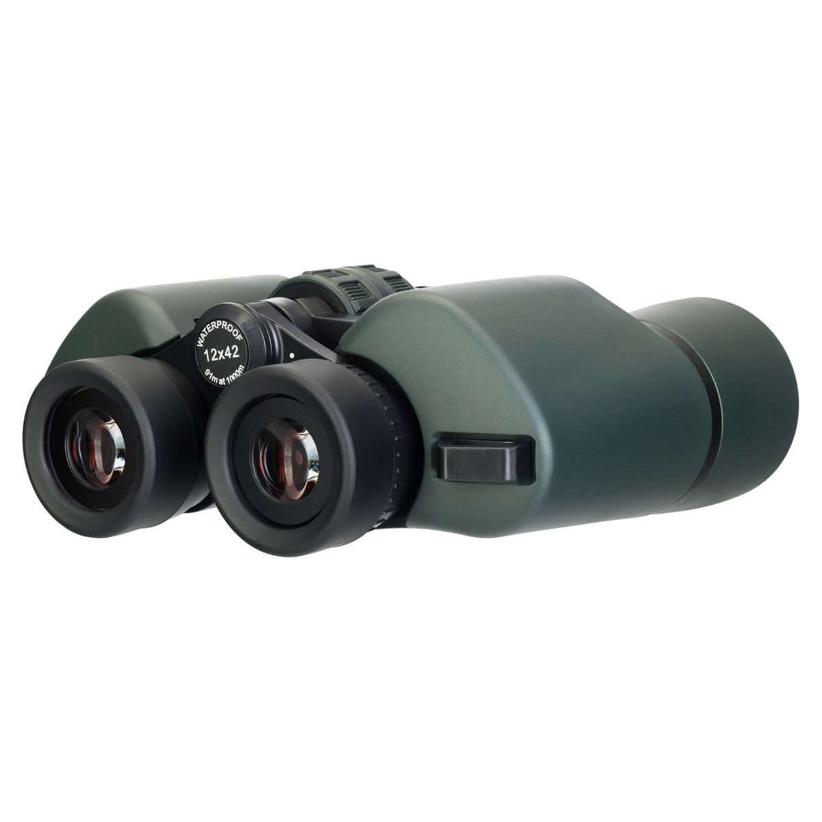 Binocolo verde con lenti e ghiere nere, su sfondo bianco.