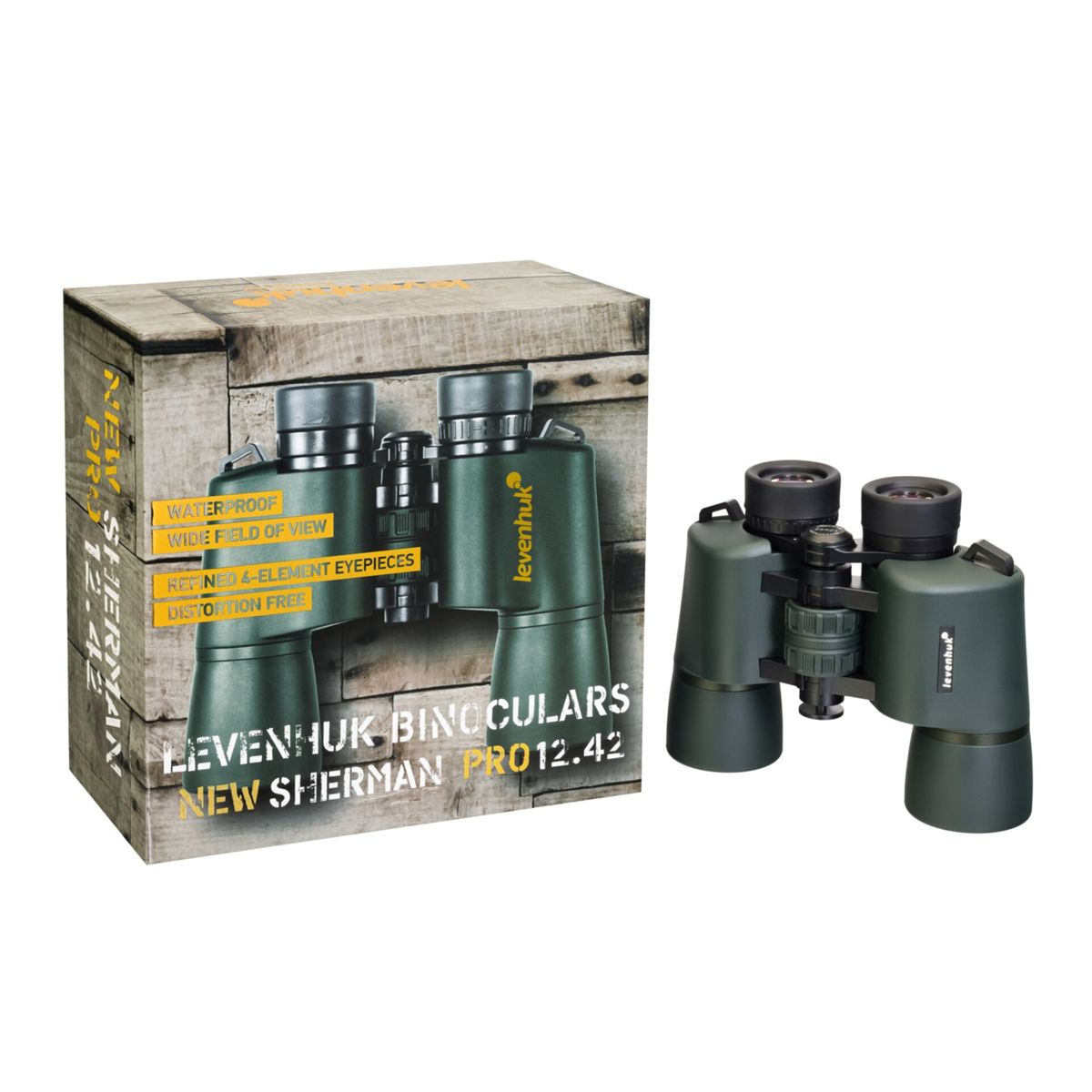 Binocolo Levenhuk verde e scatola con testo come 'Waterproof'.