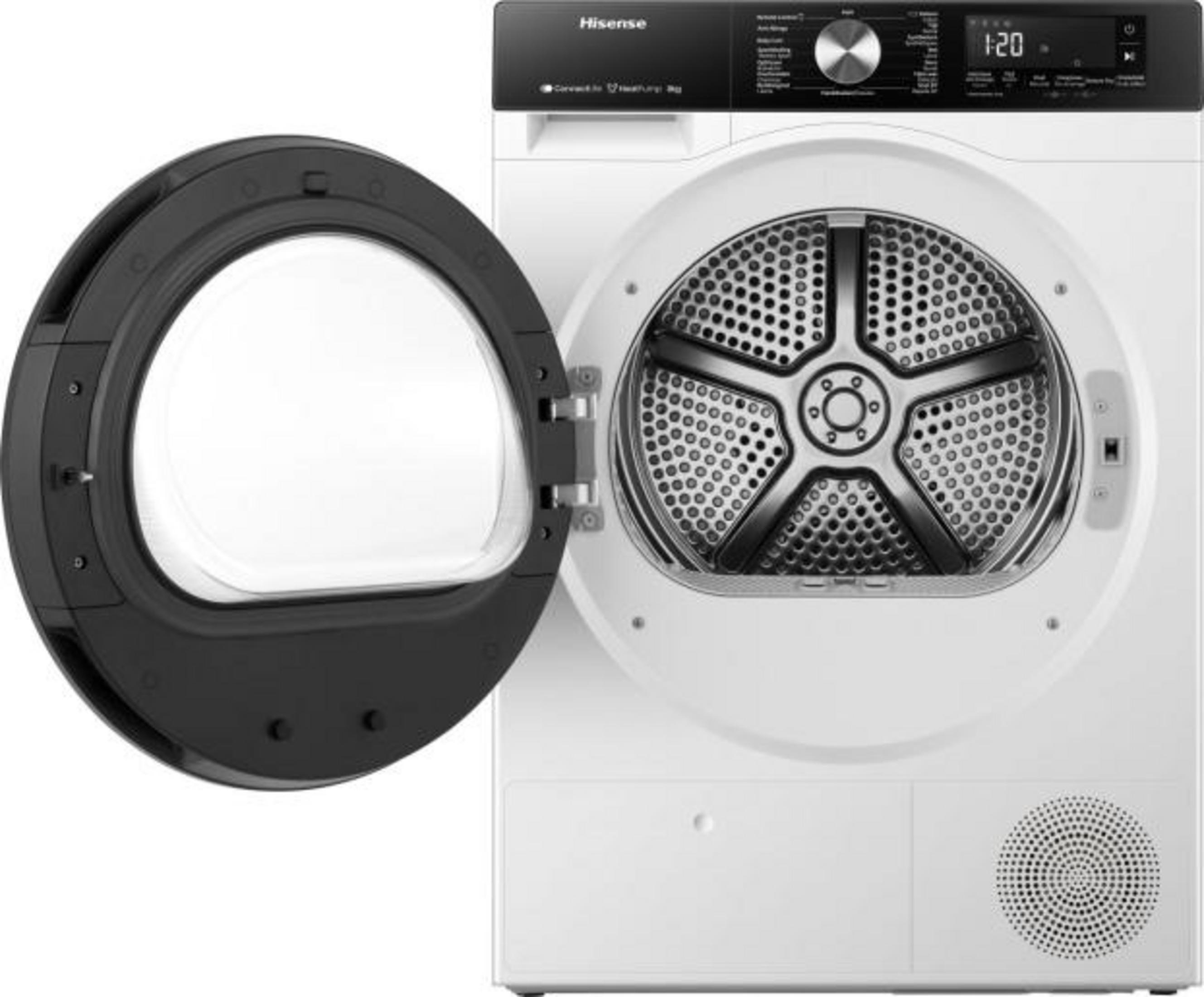 Una lavadora Hisense blanca con la puerta abierta, mostrando el tambor.