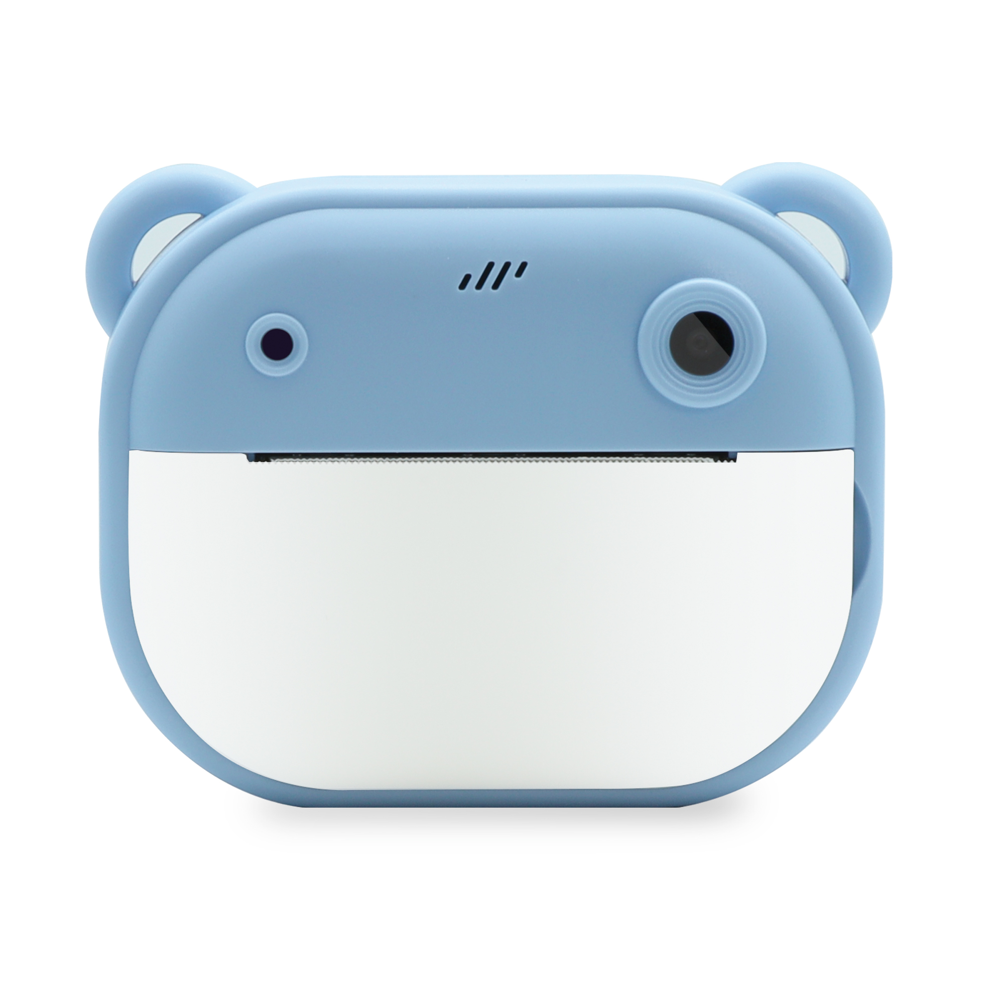 Un dispositivo azzurro a forma di orso con fotocamera e uscita carta.