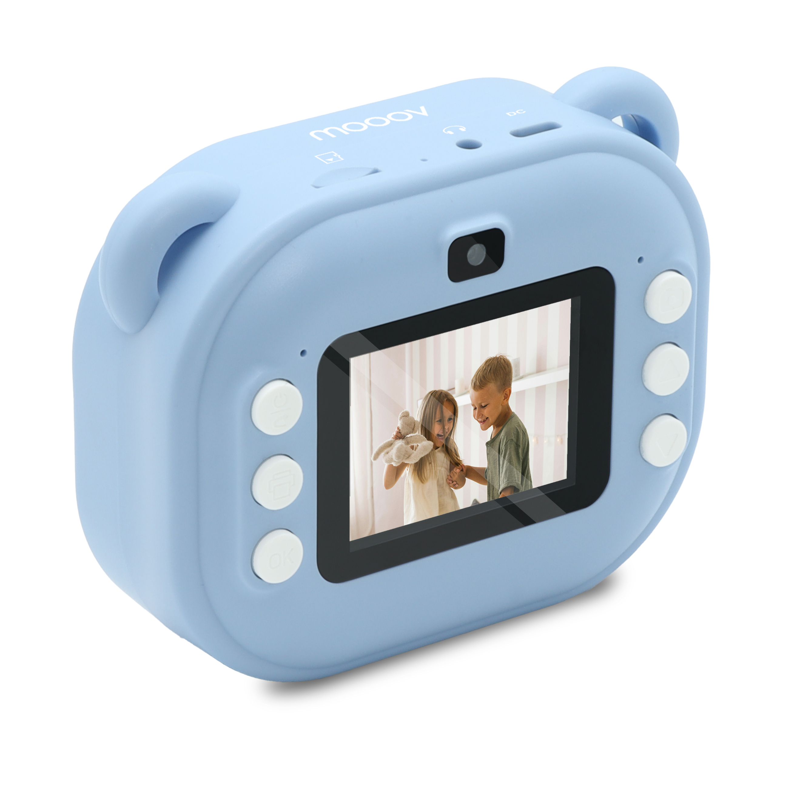 Macchina fotografica per bambini blu chiaro con orecchie da orso e schermo.