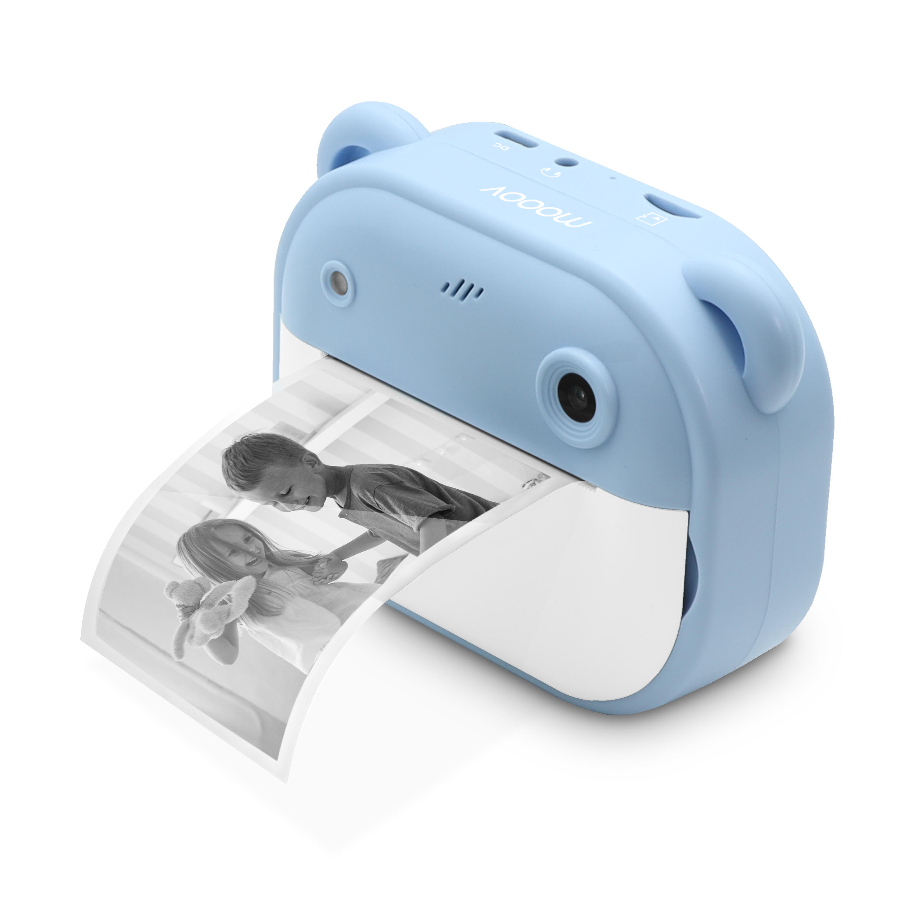 Un dispositivo azzurro stampa una foto in bianco e nero di due bambini sorridenti.