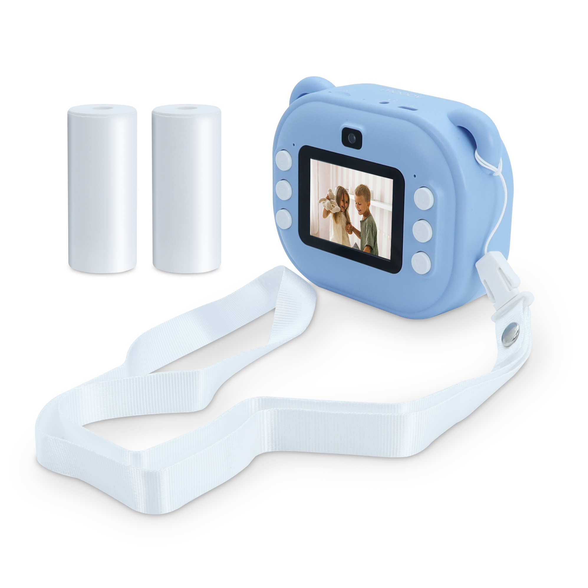 Fotocamera digitale azzurra con due rotoli di carta bianchi e un cinturino bianco.