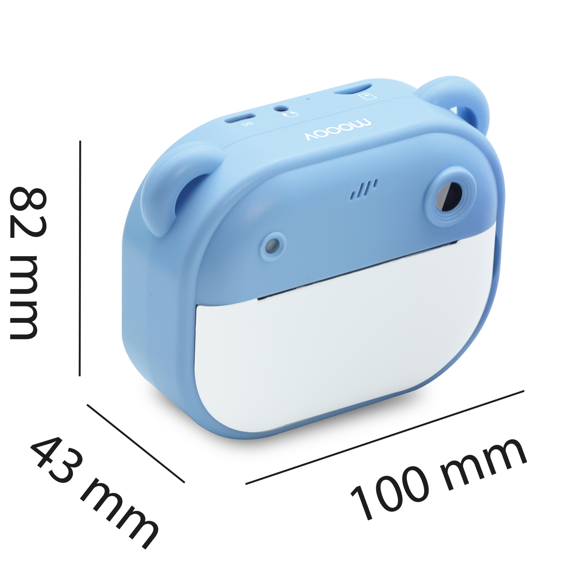 Un dispositivo azzurro di 100x82x43 mm, su sfondo bianco.