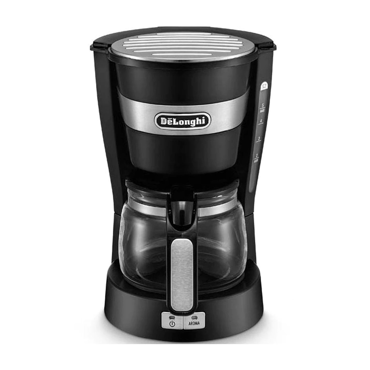 Macchina da caffè DeLonghi nera con caraffa in vetro e accenti argentati.