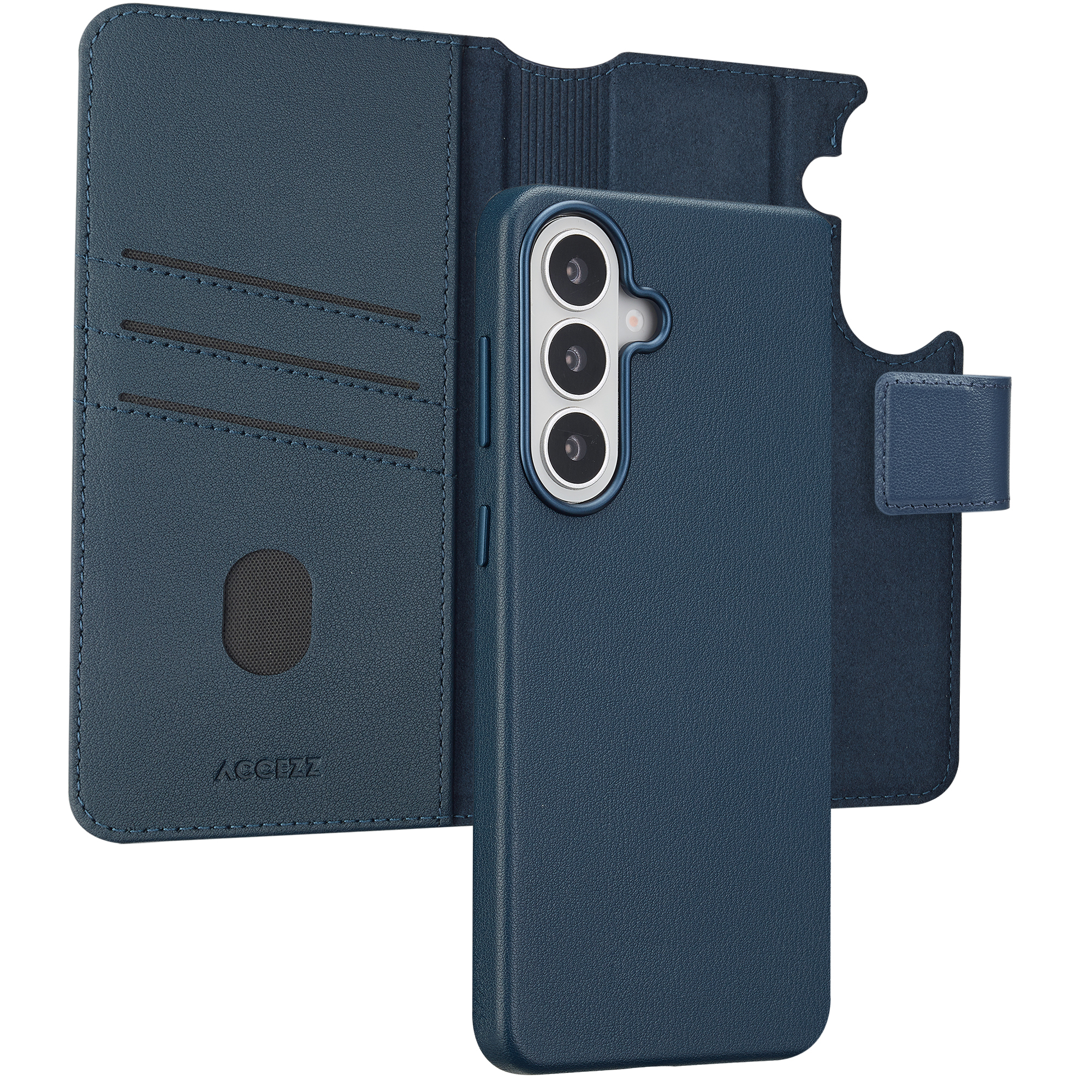 Blue leather wallet case for a smartphone, open, showing card slots and camera cutout.