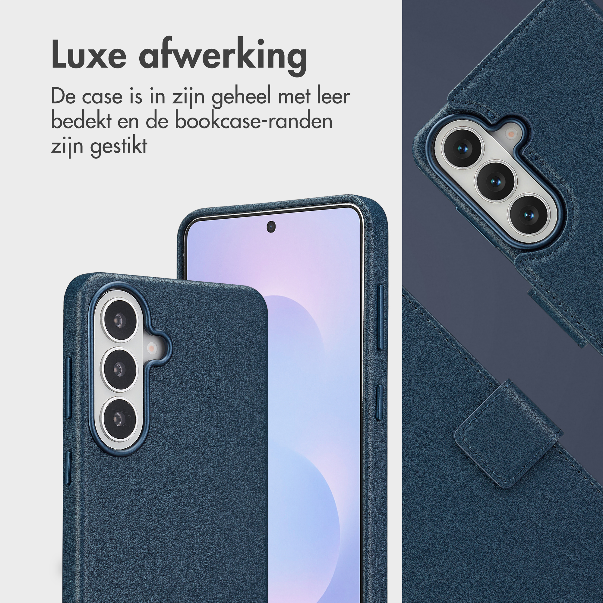 A blue leather phone case with a triple camera setup.