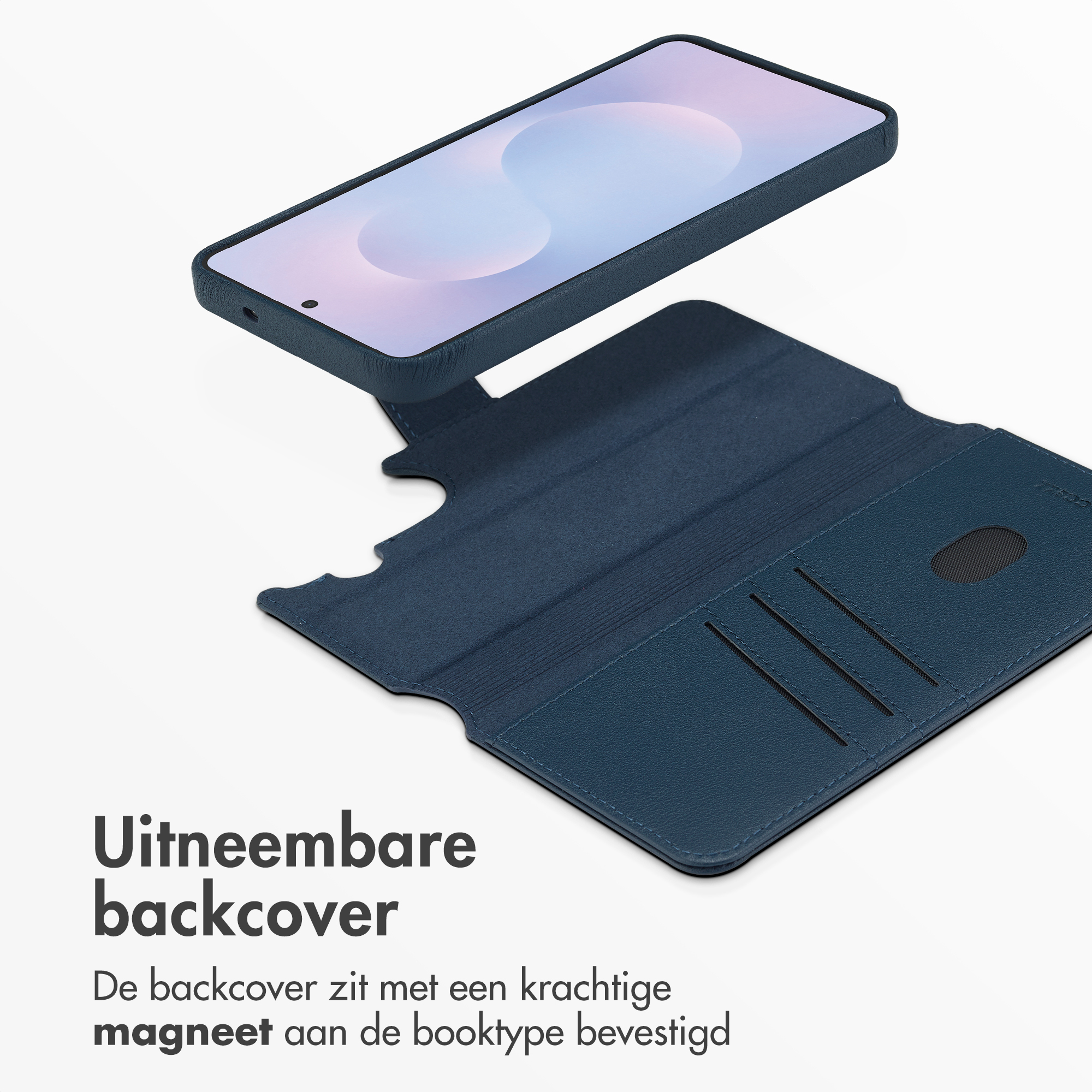 Blue phone case with detachable back and card slots.