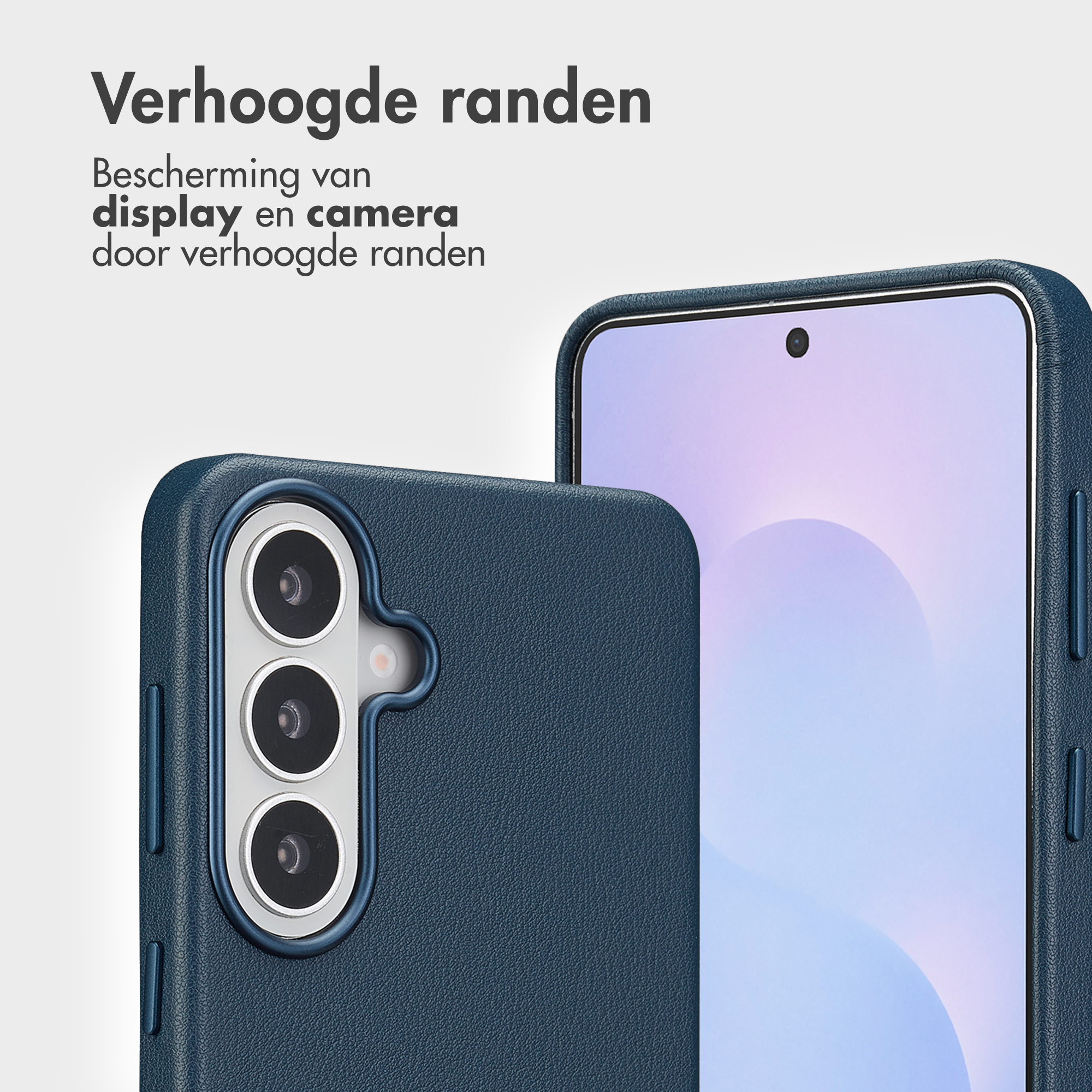 Dark blue phone case with camera module and bright screen.