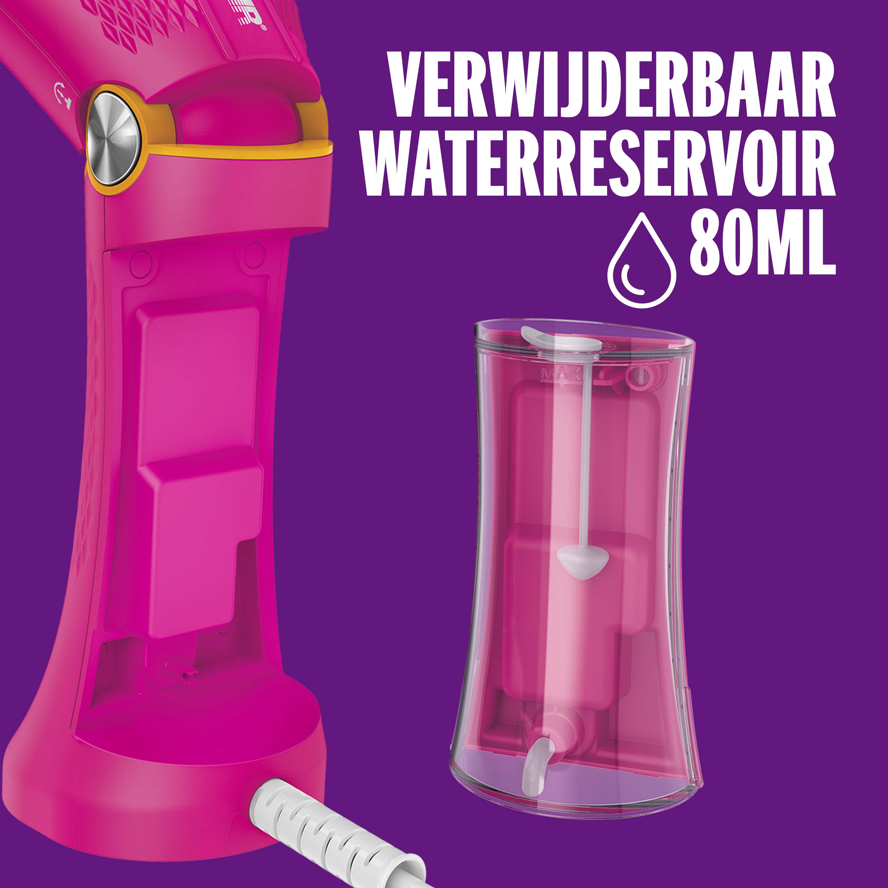 Pink steam iron with removable 80ml water tank.